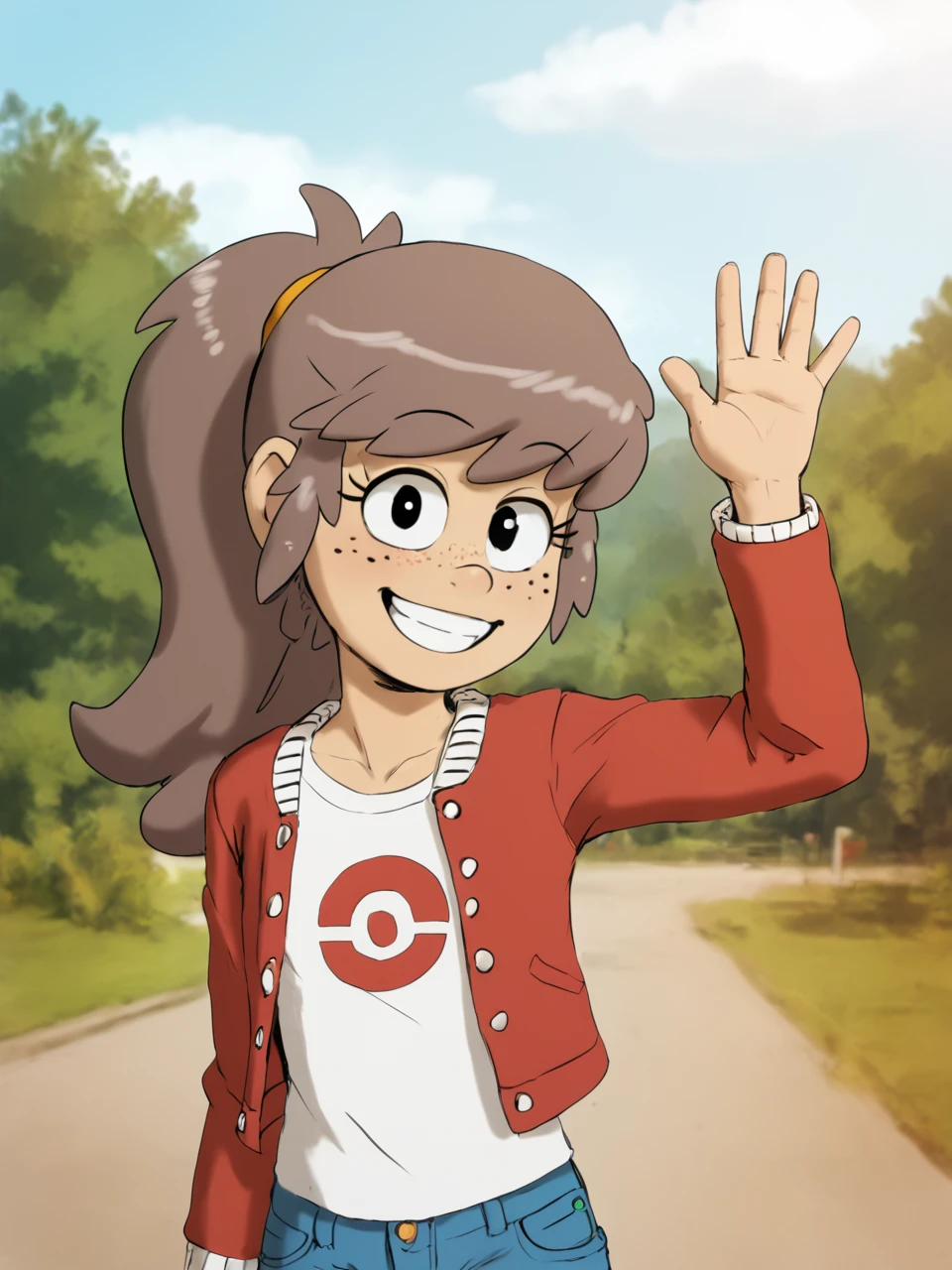 score_9, score_8_up, score_7_up, BREAK,  L4cyL0ud, 1girl, solo, child, flat chest, long hair, brown hair, ponytail, freckles, white shirt, red jacket, denim shorts, smile, upper body, raise left arm, day, outdoor, waving, looking at viewer, <lora:Lacy_Loud:1>