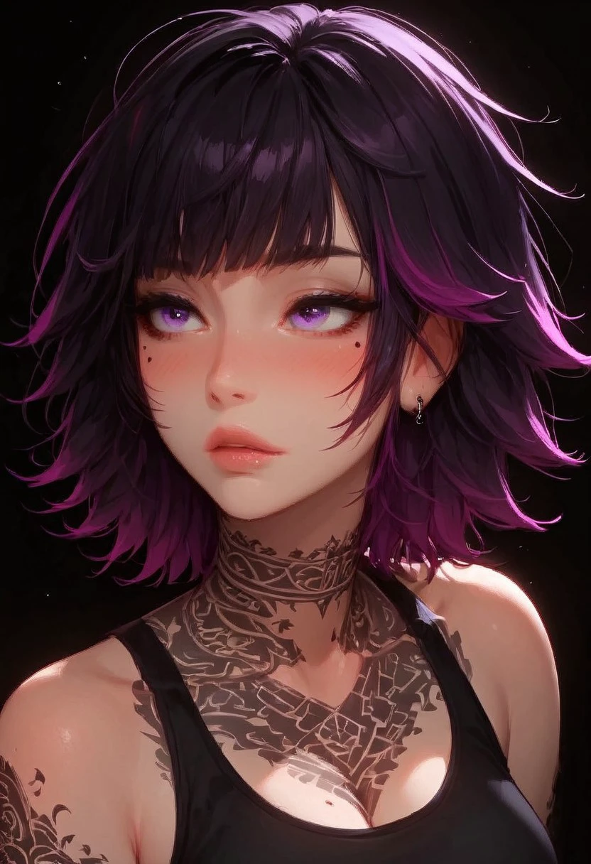 (score_9, score_8_up, score_7_up), <lora:wolf_cut:1.5>, a close-up shot focusing on a girl collarbone and up, (((portrait shot, face focus))), solo, 1girl, wolfCut, (bangs), (two-toned hair), black and purple hair,  small perky breasts, cleavage, pretty face, blush, purple eyes, ((mole under left eye)), (modern tattoos),((tattoo on chest)),pale skin, makeup, sports bra, vivid colours, Expressiveh, (white background)