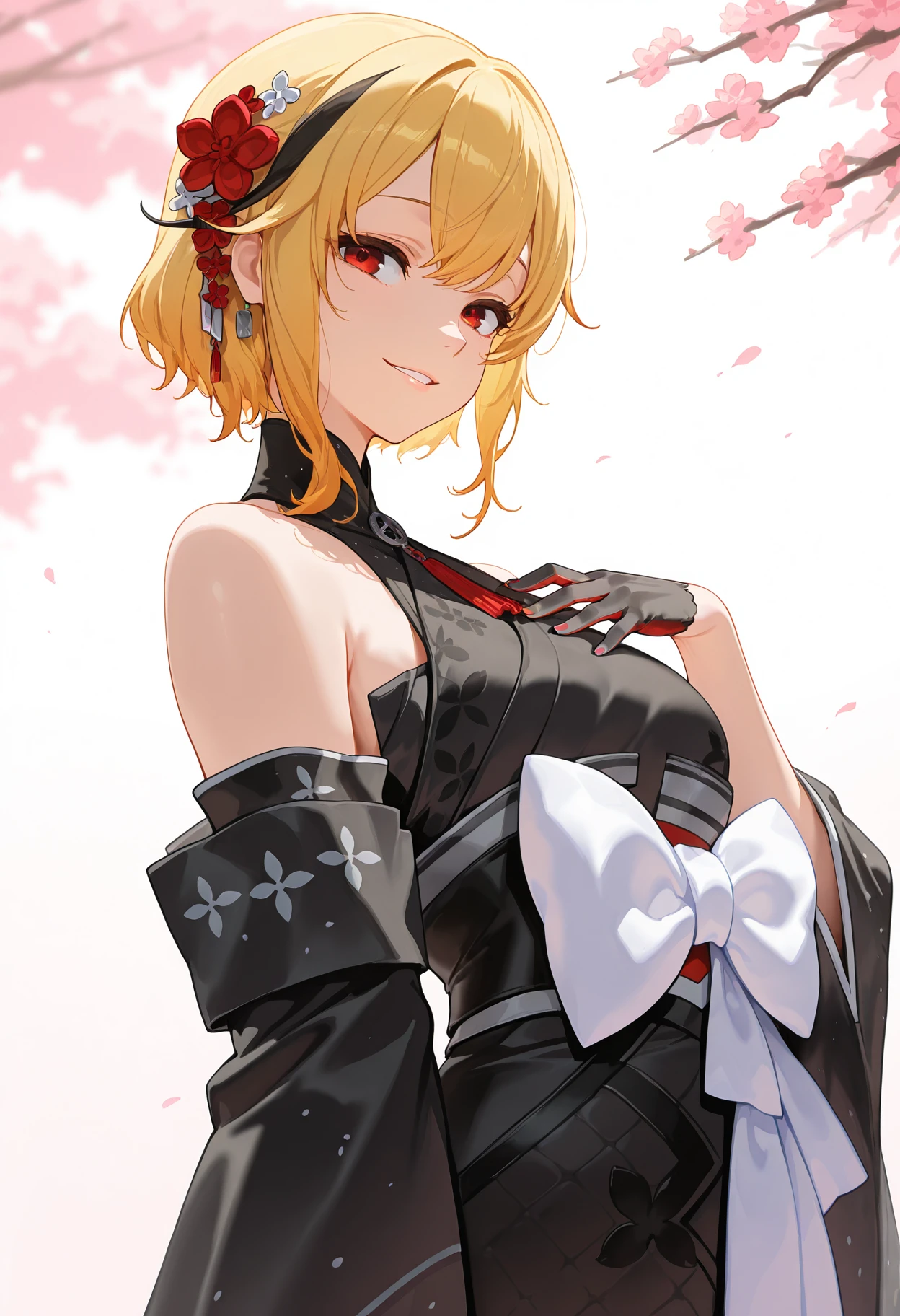 masterpiece, best quality, amazing quality, 
 <lora:kaelaIL:1>, kaelaIL, kaelakimono, japanese clothes, black kimono, wide sleeves, hair flower, black gloves, bare shoulders, 1girl, solo, looking at viewer, smile, hair ornament, gloves, dress, bow, flower, parted lips, detached sleeves, sleeveless, medium hair, kimono, black dress, looking to the side, white bow, hand on own chest, red flower, red nails, black sleeves, sleeveless kimono, cherry blossoms,