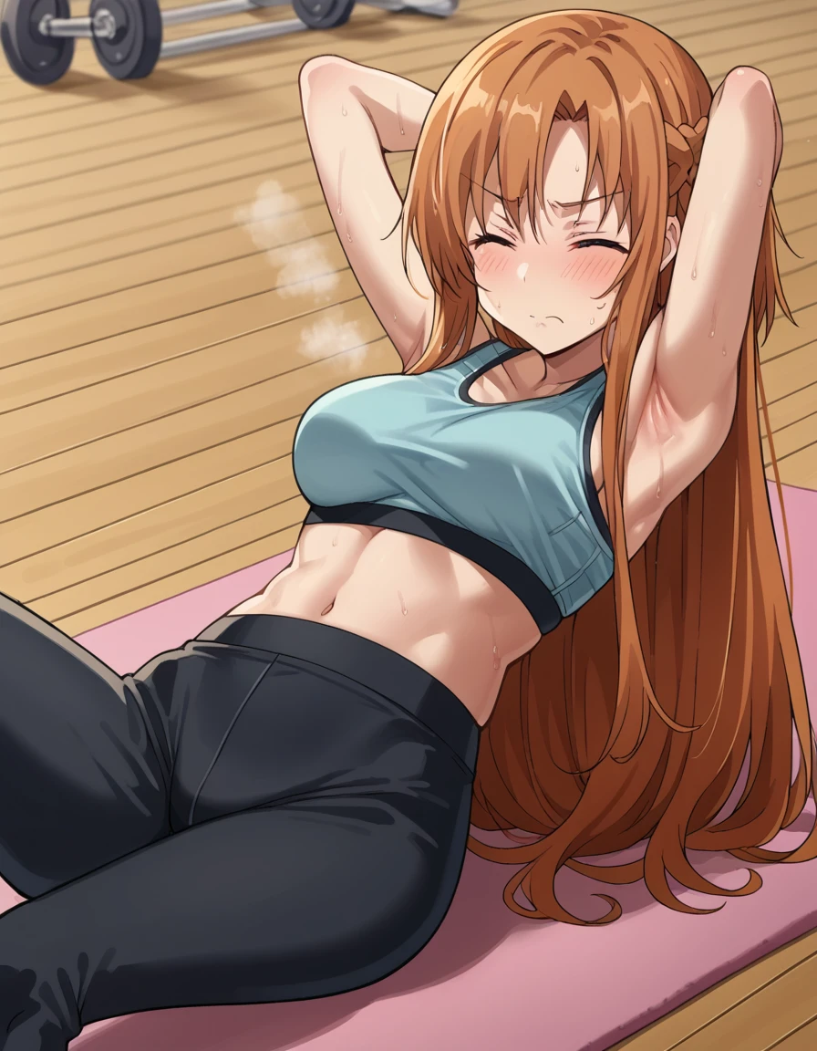 score_9, score_8_up, score_7_up, source_anime, asunayuuki, <lora:asuna-yuuki-s1-ponyxl-lora-nochekaiser:1>, asuna yuuki, long hair, brown hair, medium breasts,, <lora:sit-up-ponyxl-lora-nochekaiser:1>, sit-up, exercising, arms behind head, armpits, arched back, struggling, lying, on back,, yoga pants, sports bra, steam, sweat, blush, gym, closed eyes, solo, cowboy shot,