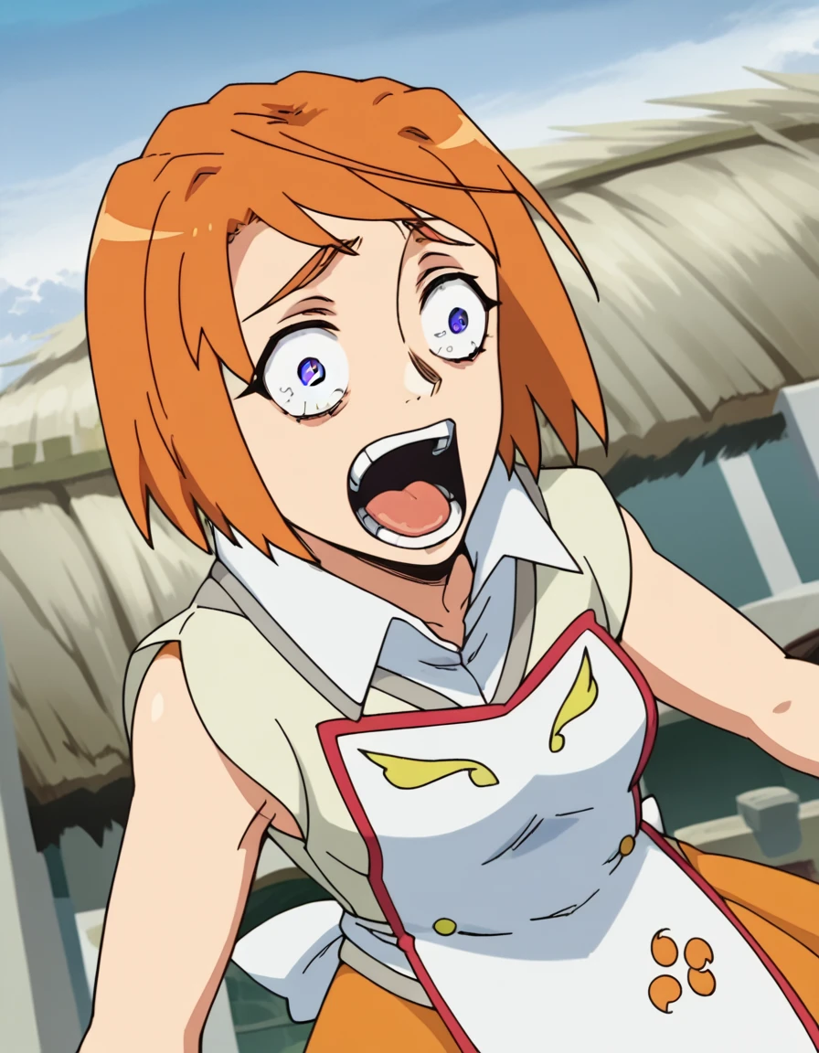 score_9, score_8_up, score_7_up, source_anime, <lora:mai-tokiha-ova-ponyxl-lora-nochekaiser:1>, mai tokiha, short hair, purple eyes, orange hair, anime screencap,, apron, shirt, sleeveless, sleeveless shirt, skirt, orange skirt,, rooftop, view, height, buildings, sky, , <lora:enel-face-ponyxl-lora-nochekaiser:1> enel face, open mouth, wide-eyed, teeth, tongue,, looking at viewer, solo,, dutch angle, cowboy shot