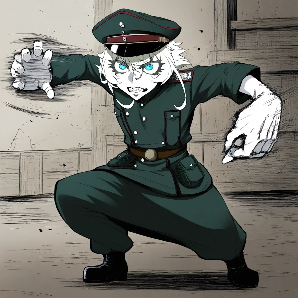 sfw, masterpiece, best quality,absurderes, <lora:HyperIllustrious:1>, youjo senki,1girl,solo,tanya degurechaff,military hat,military uniform,hyper hands,punching,upper body,motion lines,full body,indoors,barracks