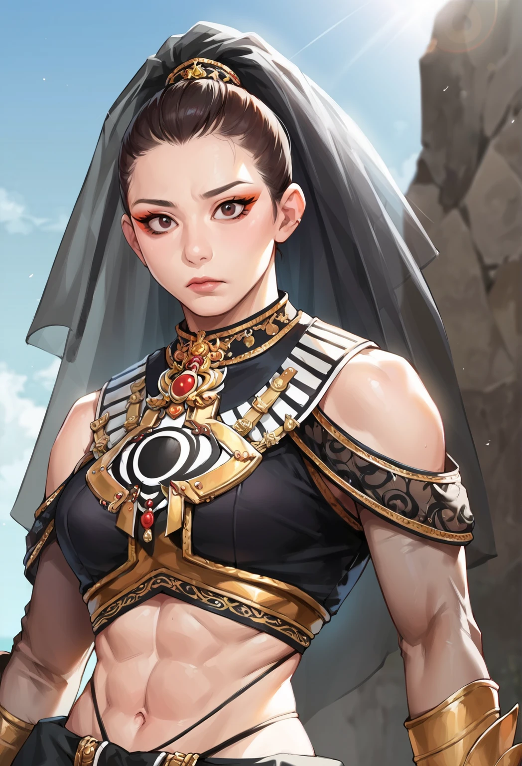 score_9, score_8_up, score_7_up, score_6_up, score_5_up, score_4_up, source_anime, BREAK, (qdnt:0.7), (invej:0.5), (realistic:0.3), 1girl, gotchaclothov2, pale skin, makeup, beautiful eyes, ponytail, forehead, eyeliner, black clothes, gold accessories, detached_sleeves, see-through, black veil, (abs:0.5), looking at viewer, (low angle:0.5), upper body, cowboy shot, midriff, outside, rocks, skew angle, sky
