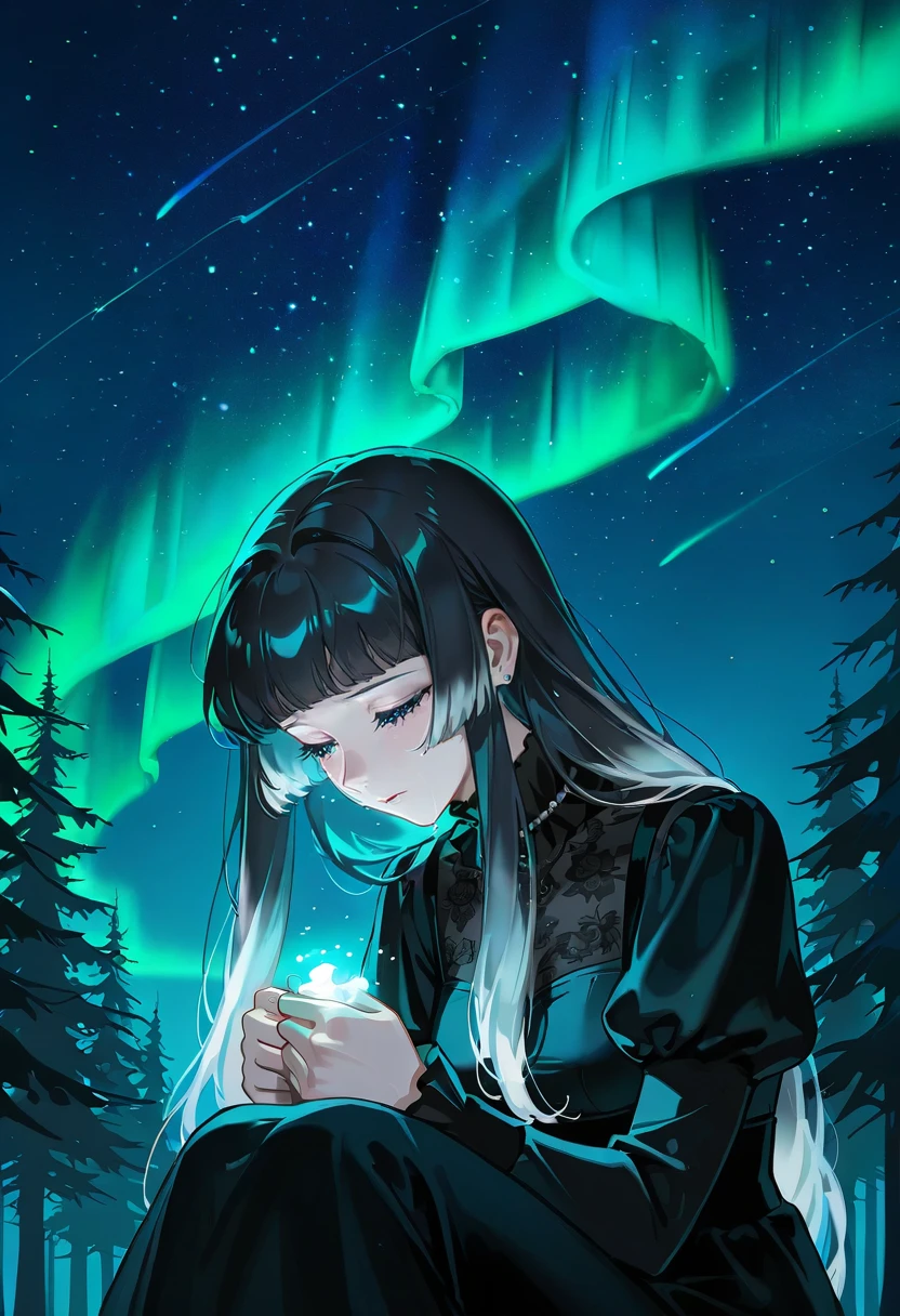 aurora borealis, aurora, starry sky, night,1girl,enchanted forest, ethereal glow, icy winds, frosted hair, crying, tears, sad,gothic fashion,black hair,