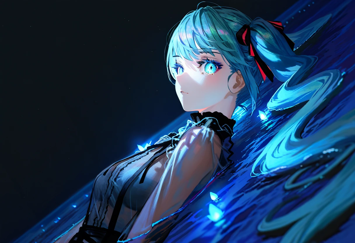 by lack|fuzichoco|lam|kinta \(distortion\)|wlop|quasarcake|nixeu,
dark theme, black background, bioluminescence, phytoplankton, ocean, waves, scenery, 1girl, partially submerged, aqua eyes, cyan glow, glowing, glowing eyes, see-through shirt, crying with eyes open, looking at viewer, expressionless, colored eyelashes, jirai kei, hatsune miku, twintails, on back, from side,
masterpiece, best quality, very aesthetic, absurdres

