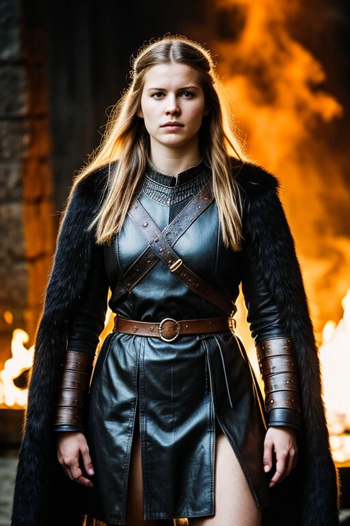 A high-resolution photograph of a Viking woman warrior, traditional Viking armor, leather tunic, chainmail, fur cloak, The overall mood is intense and adventurous, capturing the spirit of the Viking age, high-resolution, Viking warrior, traditional armor, intense, adventurous