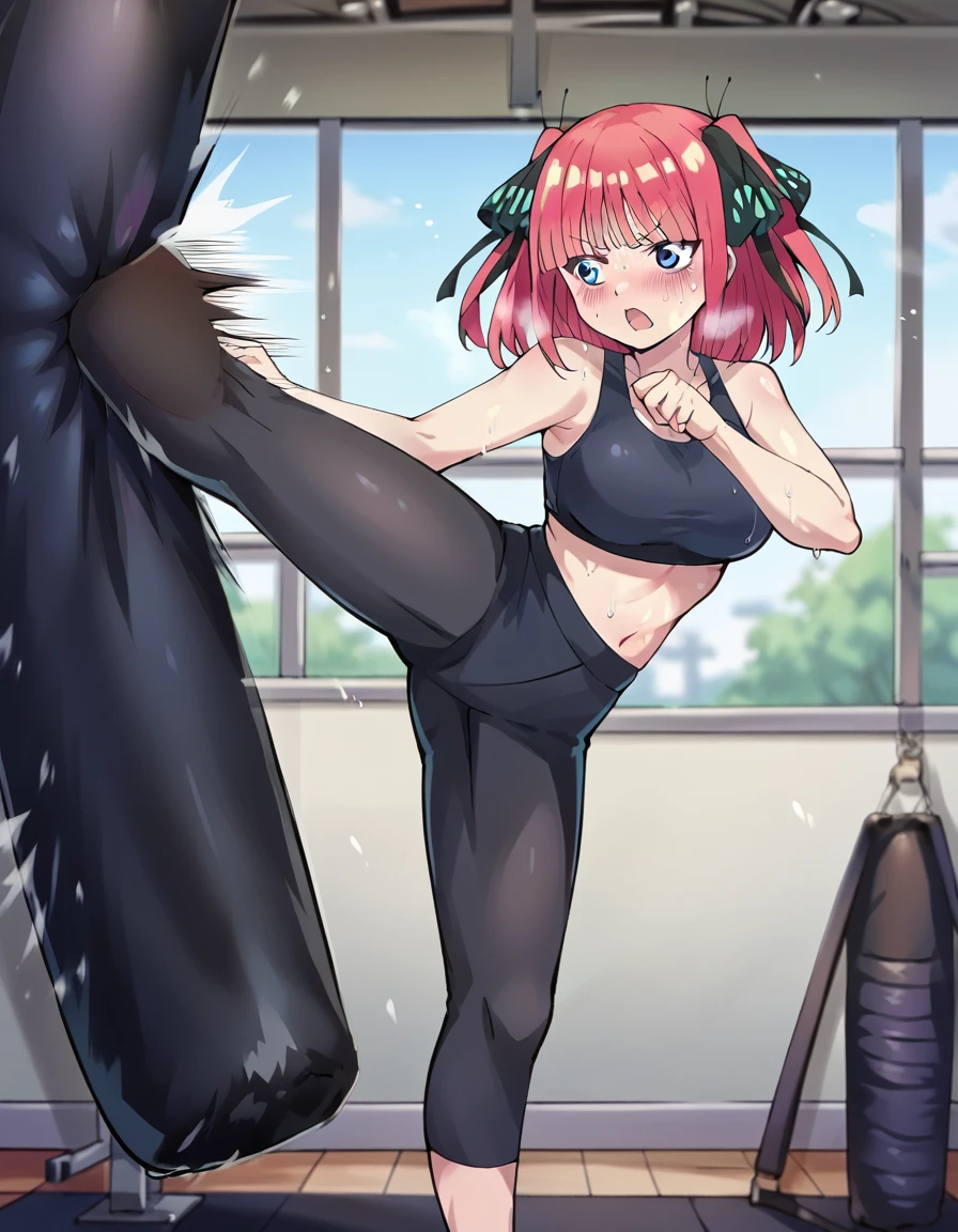 score_9, score_8_up, score_7_up, source_anime, <lora:nnakano-s2-ponyxl-lora-nochekaiser:1>, short hair, bangs, blue eyes, hair ornament, hair ribbon, pink hair, blunt bangs, two side up, butterfly hair ornament, large breasts,, <lora:kicking-bag-ponyxl-lora-nochekaiser:1>, kicking bag, punching bag, kicking, kickboxing, training, standing on one leg, exercising,, yoga pants, sports bra, steam, open mouth, sweat, blush, gym, motion, motion blur, motion lines,, solo, upper body,