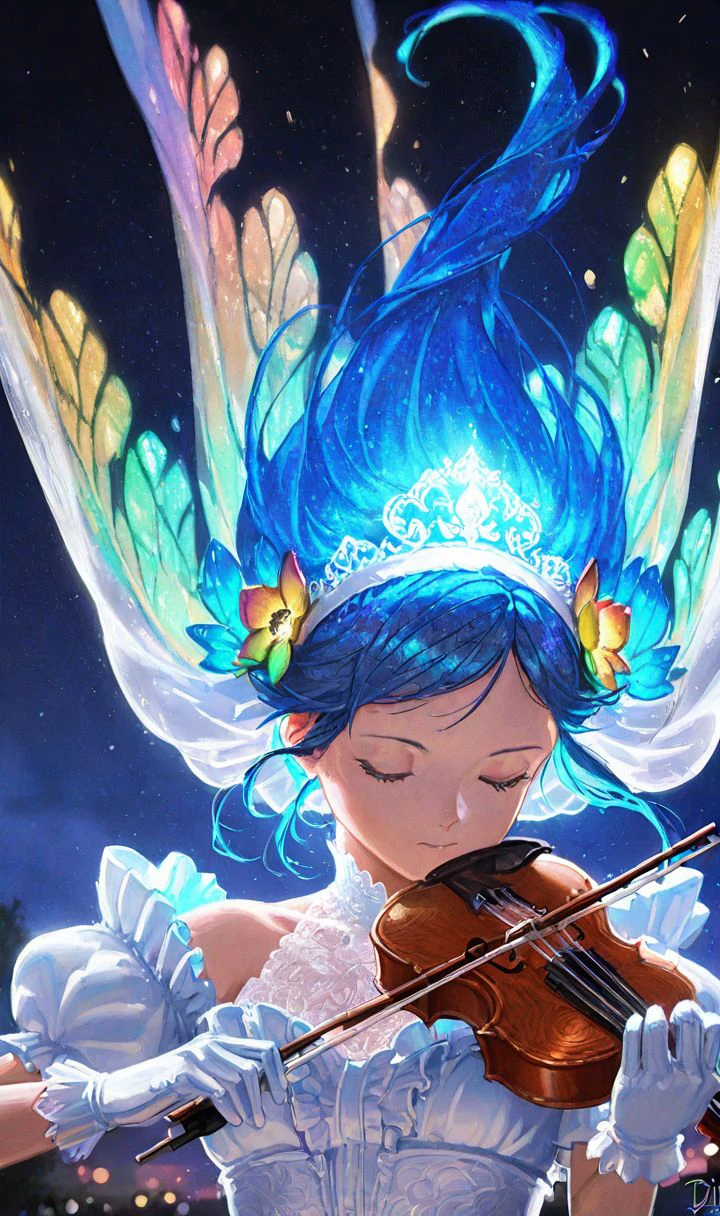 d1style, close-up, upper body, pose,1girl, solo, playing violin, musical instrument, blue hair, long hair, hairband, hair flower, hair ornament, veil, wedding dress, frills, lace, gloves, arm up, eyes closed, looking down, fantasy, colorful butterflies, glowing, magic, digital painting, detailed background, scenery, outdoors, night, signature, dot nose, textured stroke  <lora:diablo_style:0.8>