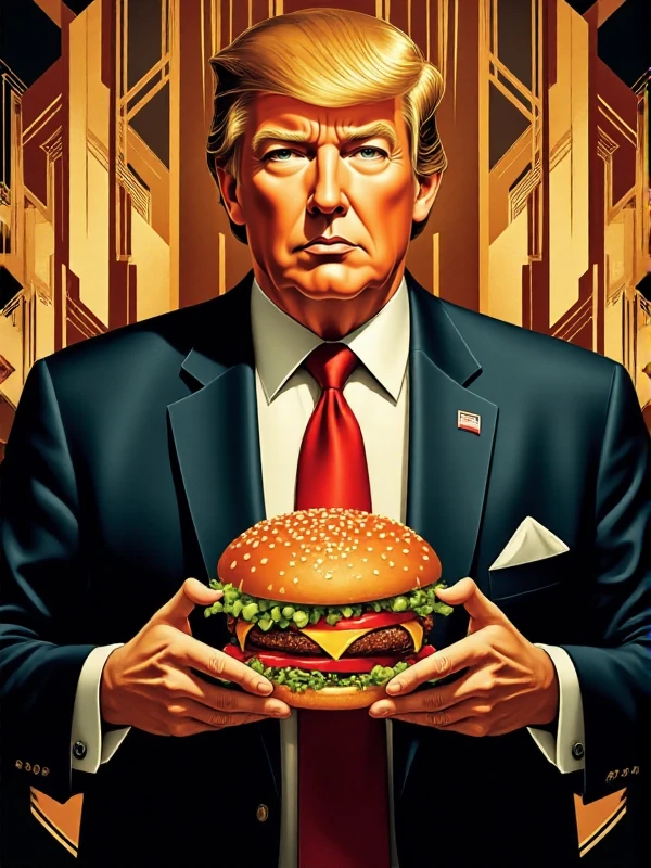 <lora:Art_Deco_Style:0.9> art deco style, donald trump holds a burger