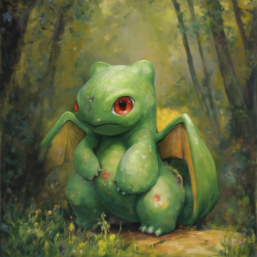 a odilonredonstyl bulbasaur is a green pokwmon with red eyes. He lives in a mystical garden. painting