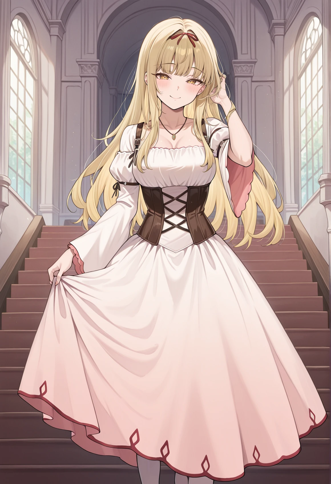 1girl, solo, blonde hair, yellow eyes, ribbon, necklace, jewelry, dress, long skirt, corset, wide sleeves, long sleeves, on stairs, indoors, mansion, hand on hair, smile, on stairs, skirt hold  <lora:Luserina_XL:1>, masterpiece, best quality, amazing quality, very aesthetic, absurdres, highres, newest