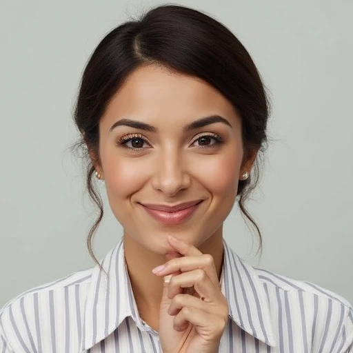 vertical stripes. The shirt is buttoned up to the collar, and a pair of thin eyebrows. Her lips are slightly curved in a thoughtful expression, playful expression. She has a medium-dark skin tone and short, closed-mouth smile., giving her a contemplative or dreamy expression. Her eyebrows are well-groomed and natural, The image is a photograph of a woman with a thoughtful expression, loose updo. She is wearing large, dark brown hair styled in a neat