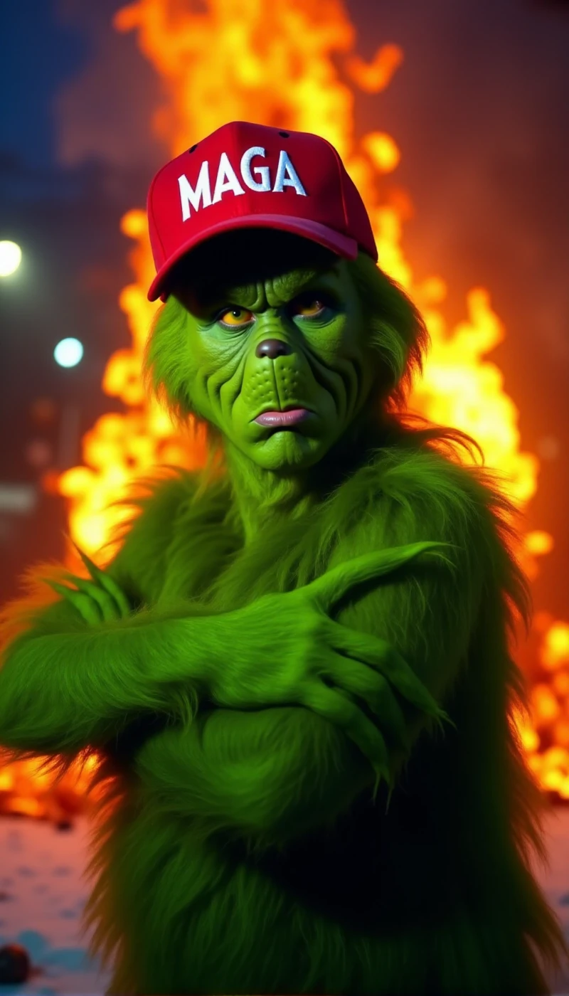 <lora:Grinch:0.9> grinch, a full body green furry man wears a red baseball cap with the text "MAGA". He stands in front of a burning chrismas tree