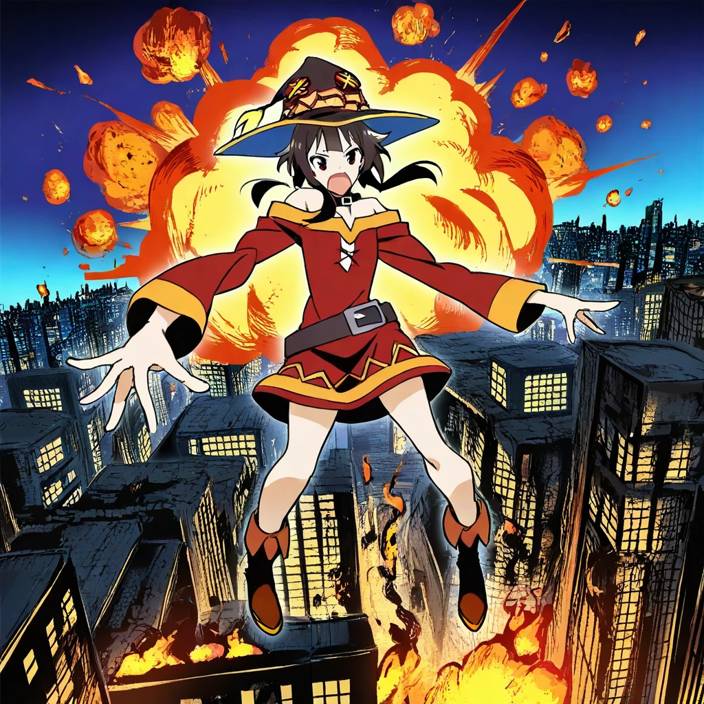 sfw, masterpiece, best quality,absurderes, <lora:HyperIllustrious:1>, konosuba,1girl,solo,megumin,witch hat,hyper arms,dress,full body,fire,explosion,burning buildings,city,jumping