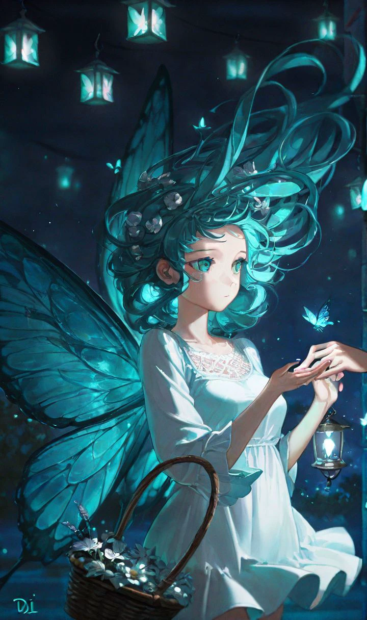 d1style, close-up, upper body, 1girl, basket, cyan hair, blue, bug, butterfly, flower, glowing, holding hands, insect, lantern, long hair, looking away, medium breasts, night, teal eyes, scenery, short dress, signature, solo, standing, wings, symbol, white dress, dot nose  <lora:diablo_style:0.8>