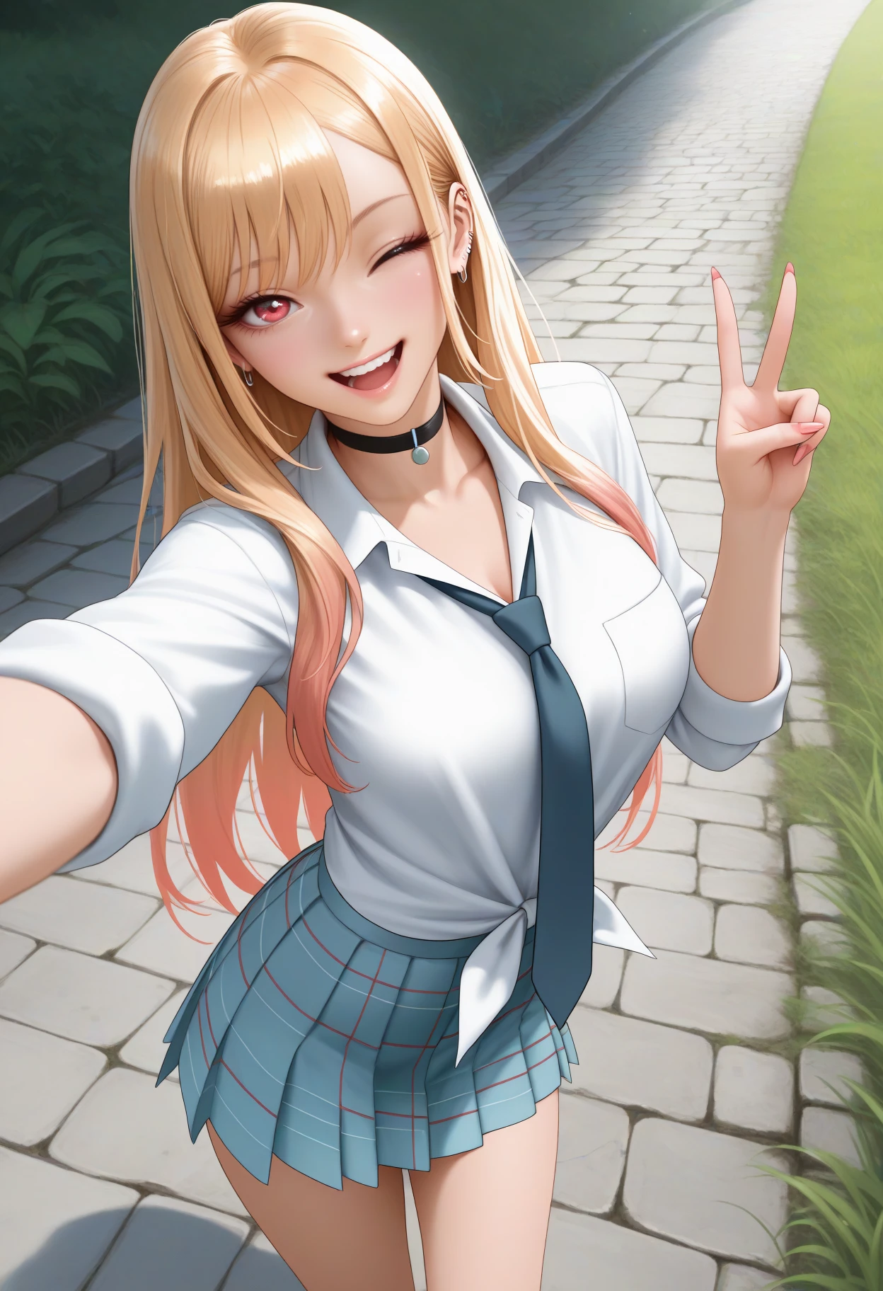 masterpiece, best quality, realistic, <break> solo, 1girl, kitagawa marin, sono bisque doll wa koi wo suru, :d, teeth, looking at viewer, standing, selfie, v, long hair, blonde hair, red eyes, one eye closed, white shirt, collared shirt, tied shirt, blue necktie, sleeves rolled up, blue skirt, plaid skirt, outdoors, day, cobblestone path, grass
<segment:yolo-Anzhc Face seg 640 v2 y8n.pt,0.4,0.5//cid=1>