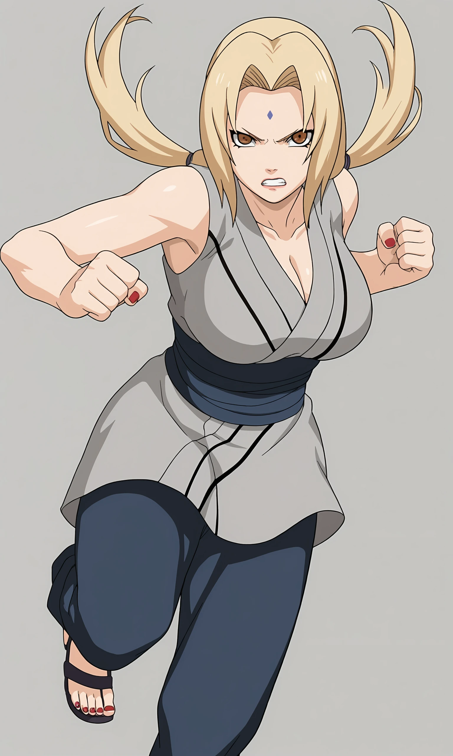 score_9, score_8_up, score_7_up,
tsu, 1girl, tsunade (naruto), (looking at viewer), blonde hair, low twintails, forehead mark, brown eyes, large breasts, grey kimono, sleeveless kimono, blue pants, sandals, cleavage, red nails, 
kicking, bent one leg, 
serious, parted lips,clenched teeth, clenched hands, 
simple background, perfect lighting,
<lora:tsunade_PXL:1>