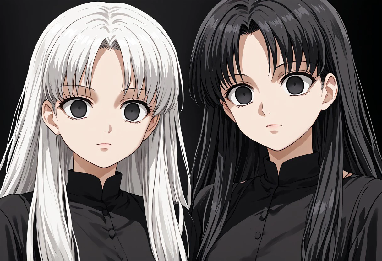 anime, empty eyes, hypnotized, females, adult, casual dress, long hair, black hair, white hair, black eyes, white eyes, twins, close up