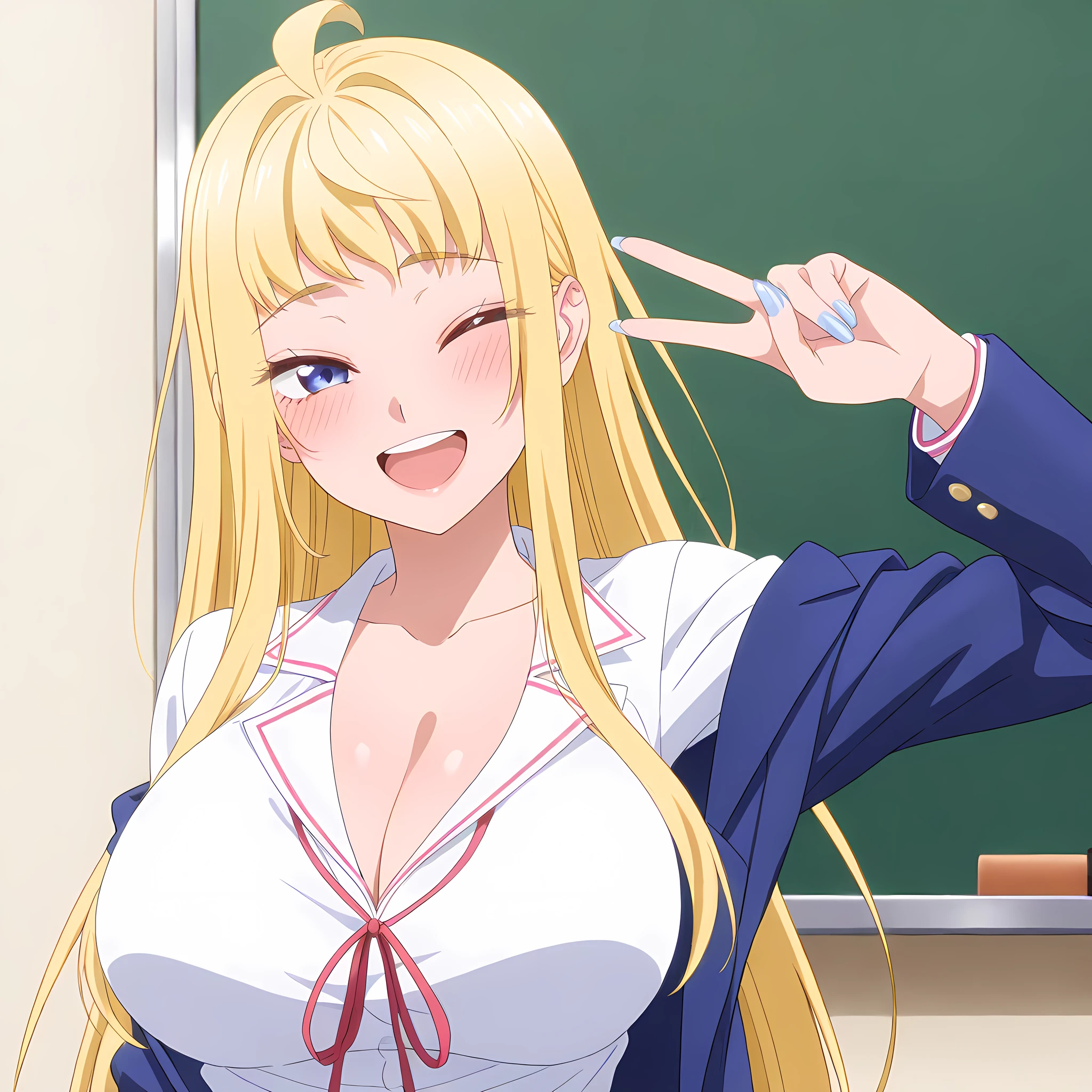 minami_fuyuki, 1girl, blonde hair, one eye closed, cleavage, blue eyes, solo, long hair, jacket, blue nails, large breasts, smile, blue jacket, nail polish, open mouth, school uniform, looking at viewer, shirt, v, white shirt, chalkboard, bangs, upper body, blush, anime coloring<lora:Minami_Fuyuki:1>, (masterpiece),(best quality),(ultra-detailed),(best illustration),(best shadow),(absurdres),(detailed background),(very aesthetic),