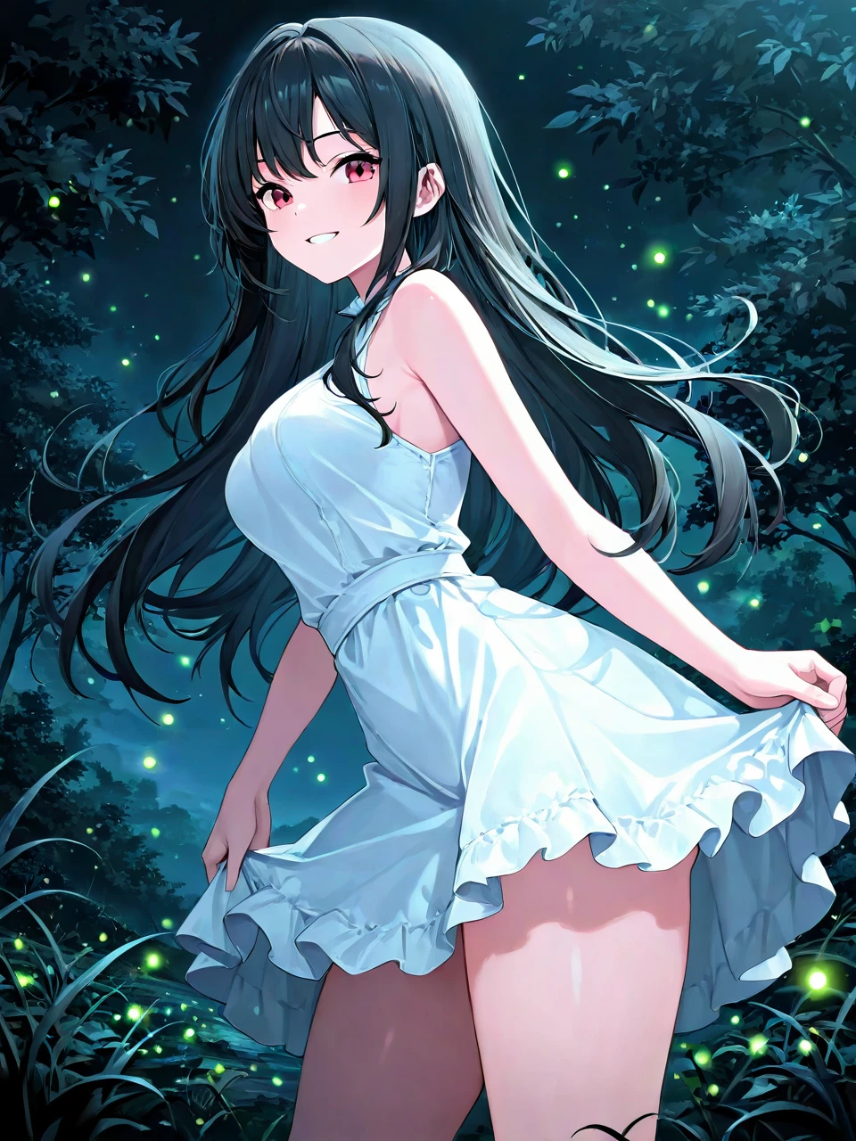 1girl, solo, general, dark, black theme, fireflies, outdoors, from side, long hair, black hair, red eyes, medium breasts, thick thighs, looking at viewer, grin, white dress, sleeveless, masterpiece, absurdres, very aesthetic, best quality, good quality