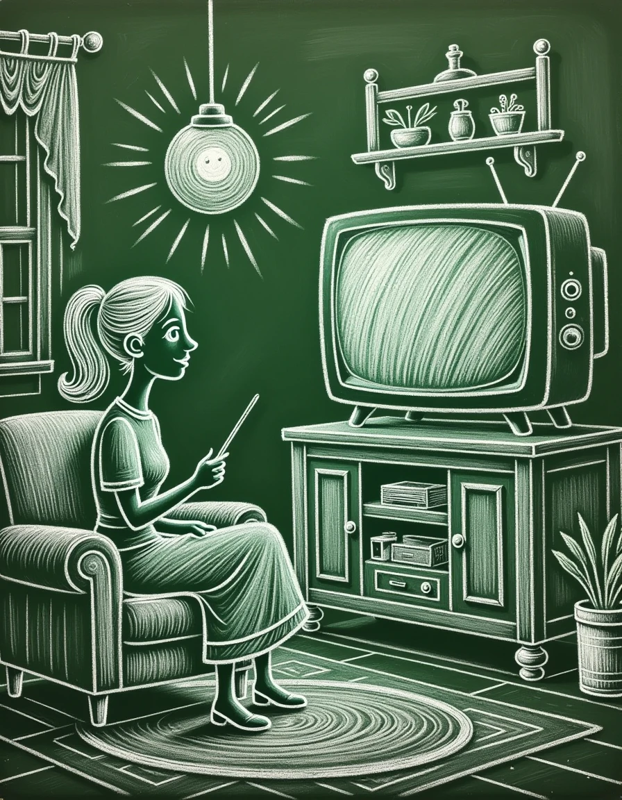 ch4lkb04rd A chalk drawing of a woman sitting on a sofa and watching TV
 <lora:chalkboard:0.8>