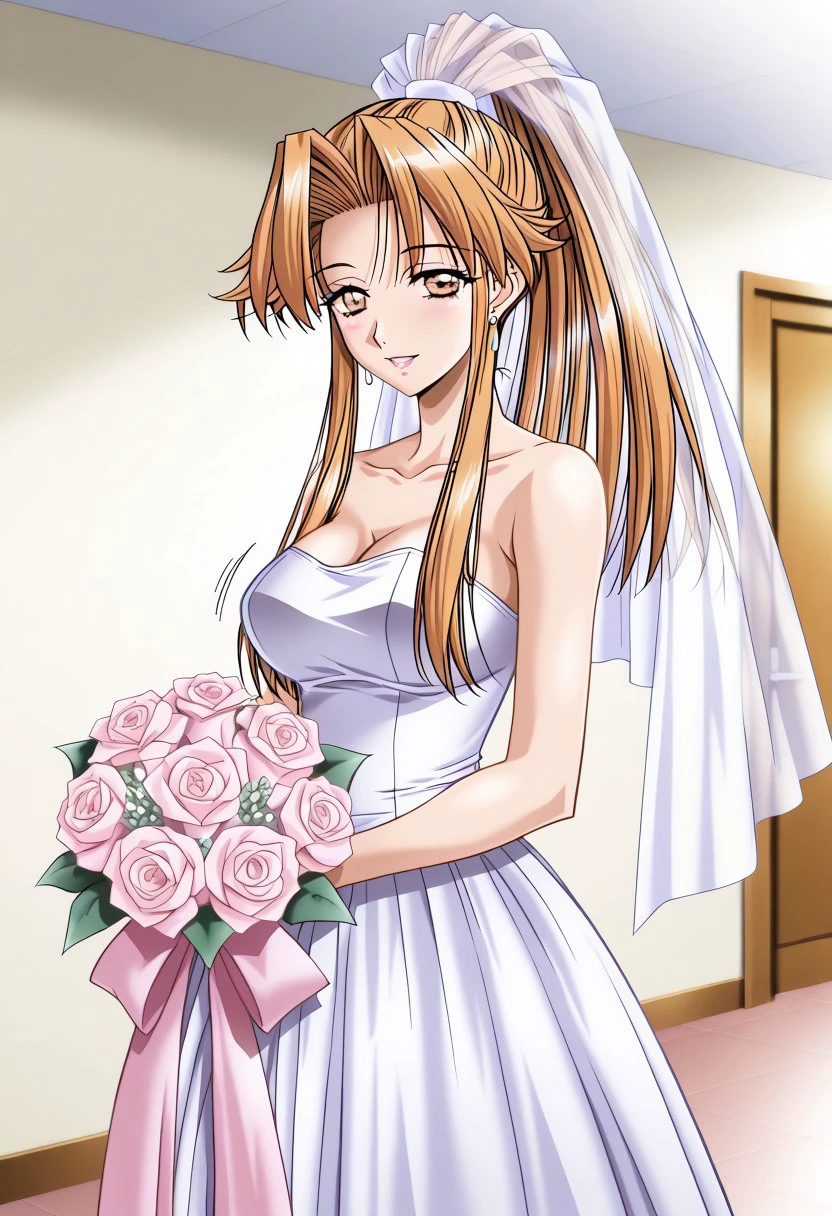 masterpiece, best quality, newest, highres, uncensored, 1girl, yokota mamoru style,motion lines,1girl,Kitagawa Junko,Honey Blonde Hair, Ponytail, Waist Length Hair,Amber Eyes,Earrings, slim, 1girl, solo, wedding dress, dress, bride, flower, veil, bridal veil, brown hair, bouquet,happy,looking at the viewer