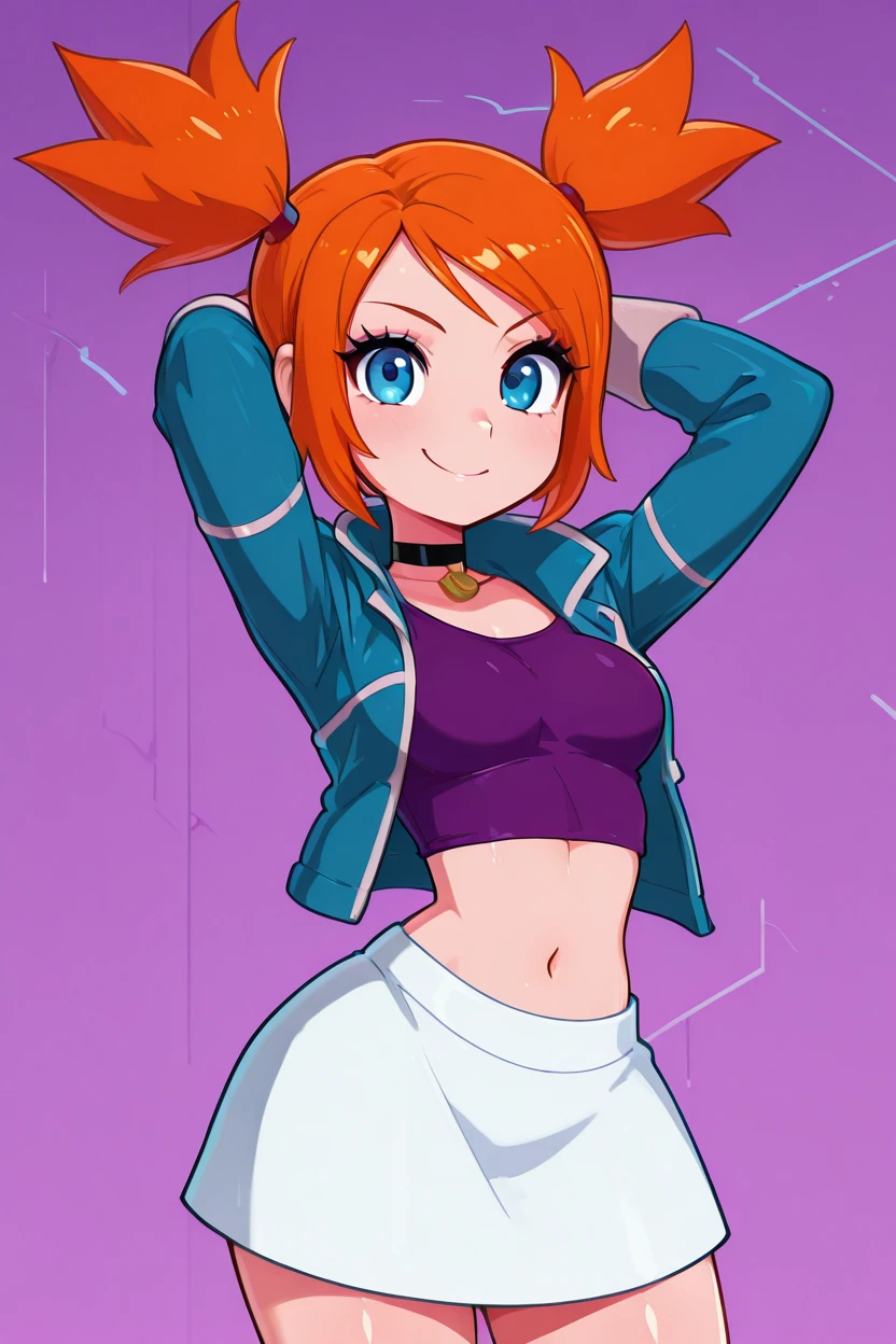 masterpiece, best quality, 1girl, solo, 21 year old model, eyelashes, (beautiful eyes),     ,,,zzRui, blue eyes, orange hair, short hair, twintails,  choker, purple shirt, navel, midriff, long sleeves, blue jacket, open jacket, white skirt,  <lora:RuiPokemonIXL_v4:1.0>, dynamic pose, cowboy shot, smile, looking at viewer, shiny skin,<lora:LandidzuStyleIXL:1.0>,