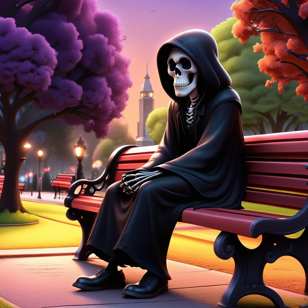 City Park, dusk, evening, standing, Toon Reaper, sitting on Park bench,