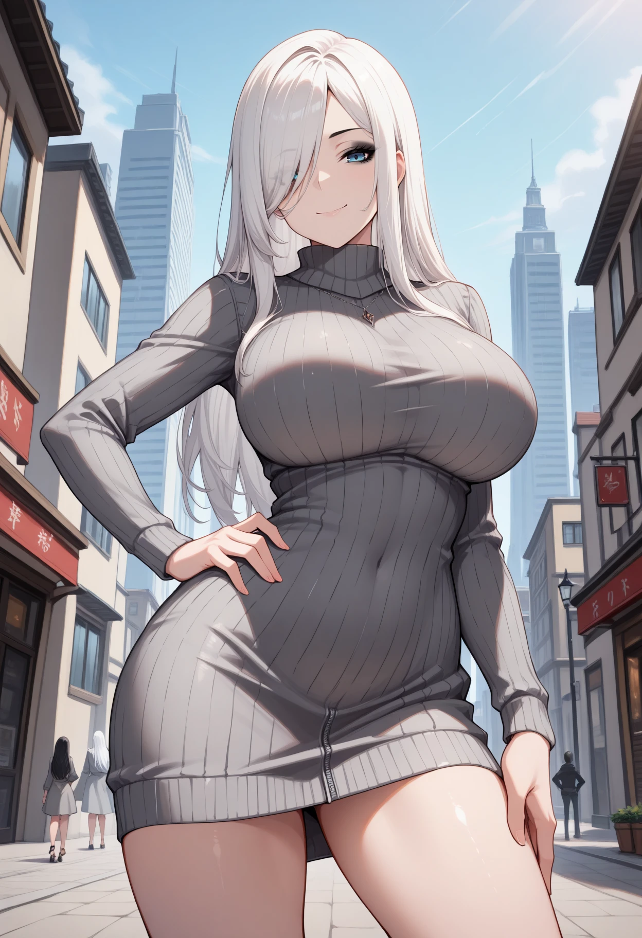 masterpiece, best quality, 1girl, solo, Angel1seR3iter, blue eyes, white hair, long hair, hair over one eye, black eyeshadow, mature female, ribbed sweater, sweater dress, grey dress, thighs, smile, hand on hip, contrapposto, outdoors, city, <lora:ChamAngeliseReiterIllustriousXL:1>