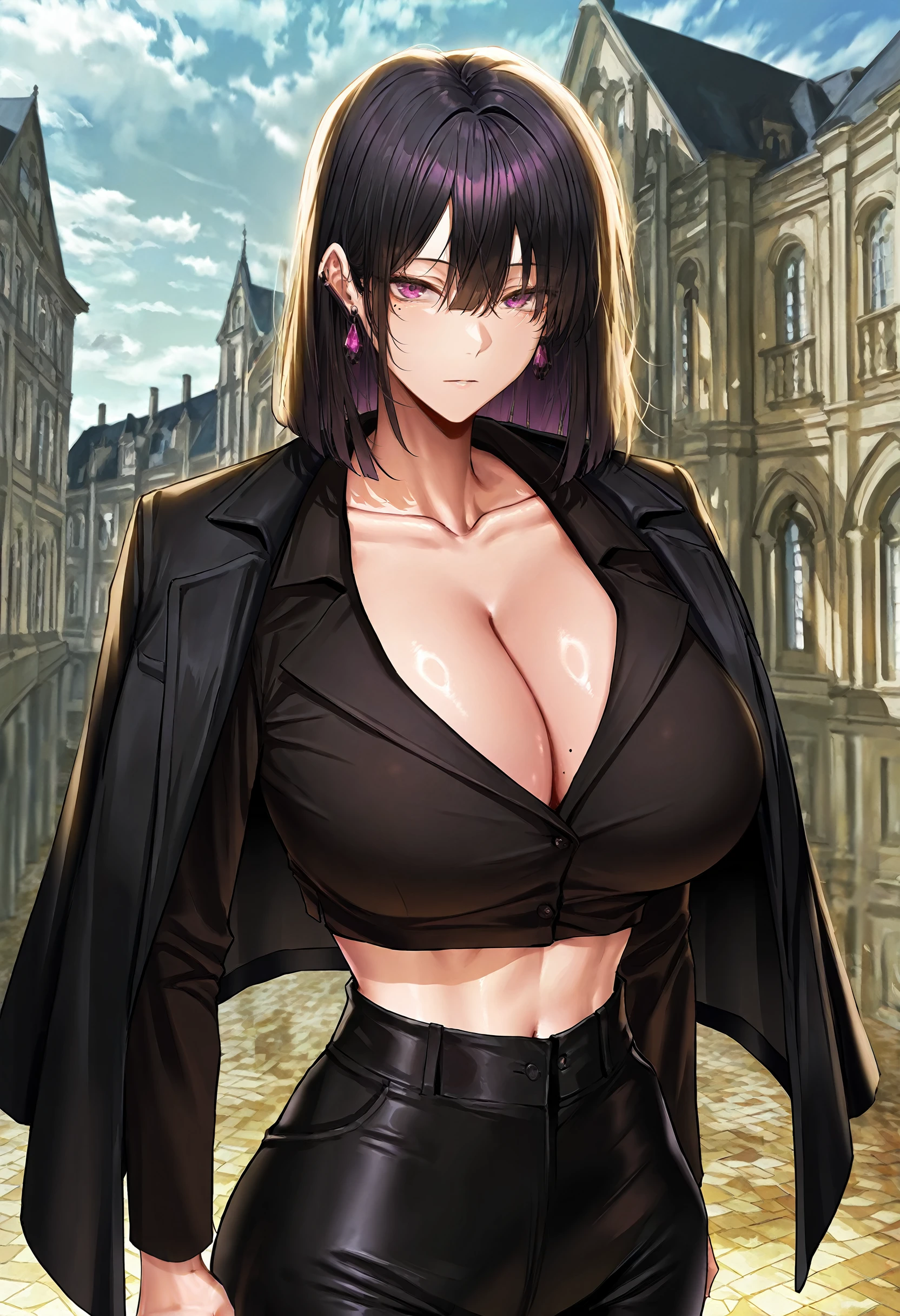 masterpiece, best quality, amazing quality, very aesthetic, absurdres, newest, scenery, 1girl, solo, huge breasts, <lora:Ariela Raven illustxl:1> black hair, purple eyes, (mole under eye:0.8), (mole on breast:0.8), medium hair, hair between eyes, earrings, black coat, coat on shoulders, black shirt, collared shirt, cleavage, collarbone, long sleeves, crop top, midriff, navel, high-waist pants, black pants, mansion, outside, looking at viewer, shiny skin, masterpiece, best quality, amazing quality, very aesthetic, absurdres, newest, scenery