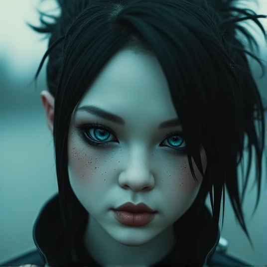 a sci-fi hyper realistic cinematic gritty highly detailed HD photo portrait of the real human woman AmeshinBoo with the realistic pale skin with pores and exact 100% facial structure of AmeshinSL as a real person with punkish black hair and no bangs light skin and blue eyes, on a misty background