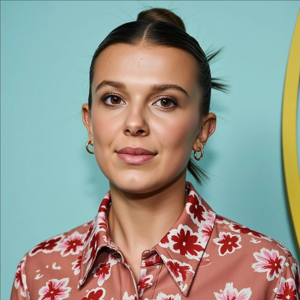 Realistic photo of a beautiful Millie Bobby Brown, 1girl, solo, looking at viewer, short hair, simple background, brown hair, white background, jewelry, standing, earrings, pants, lips, realistic, pink pantyhose, nose, soft lighting, professional Photography, Photorealistic, detailed, RAW, analog, sharp focus, 8k, HD, high quality, masterpiece