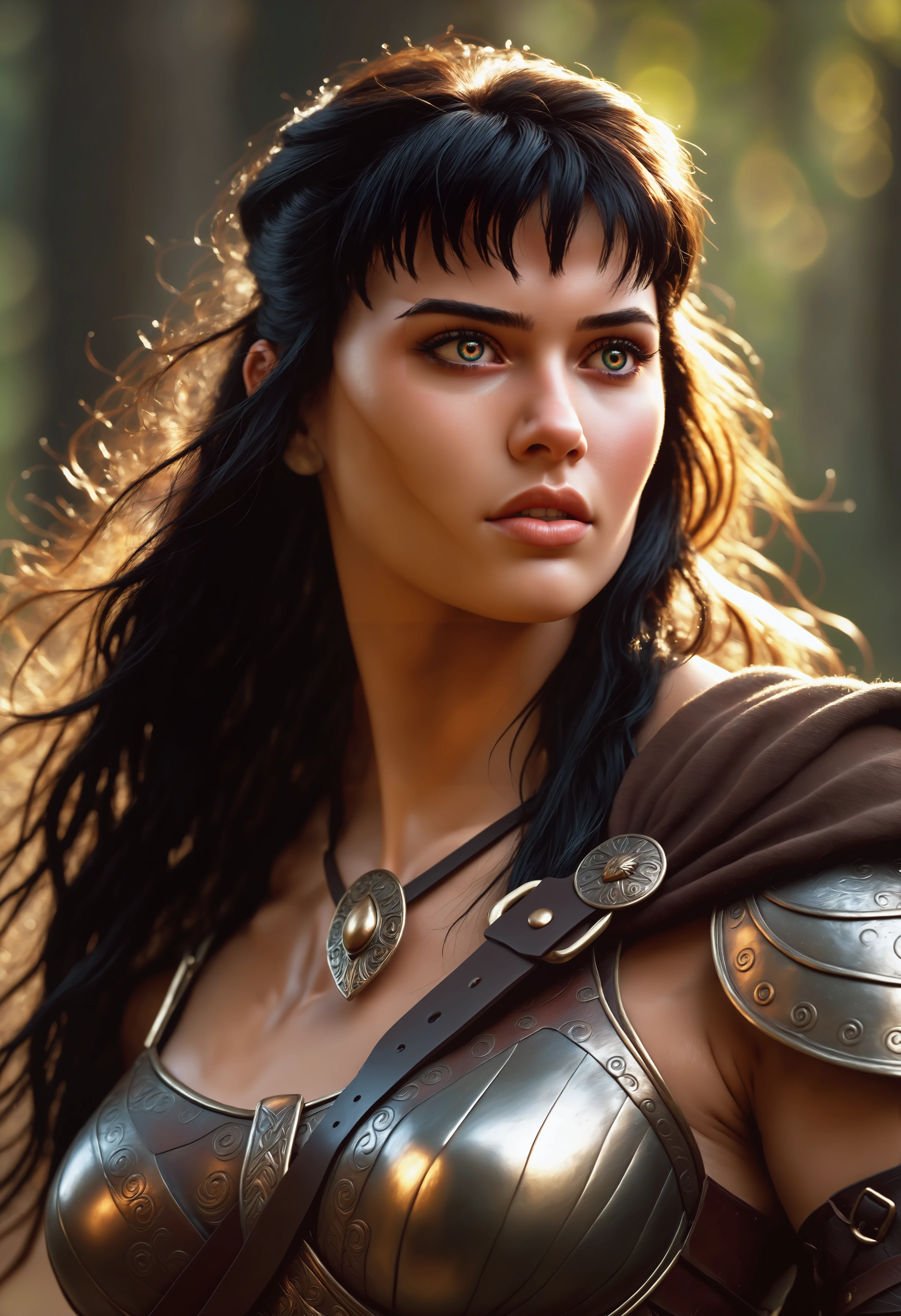 masterpiece, best quality, bsurdres, highres,
A semi-realistic depiction of Xena, Warrior Princess, with intricate attention to detail, showcasing her face partially cloaked in deep shadows using a chiaroscuro effect. Her skin features visible pores, delicate peach fuzz, and faint goosebumps, adding a lifelike texture. The image employs a high-pass filter and dodge-and-burn techniques for enhanced contour and depth, creating a striking cinematic look. Soft gaussian blur subtly blends the edges for a polished effect, while the warm, golden light of early morning casts a somber yet ethereal glow across her face, contrasting with the dark, moody atmosphere. The overall composition is intimate, dramatic, and evocative, capturing both strength and vulnerability.