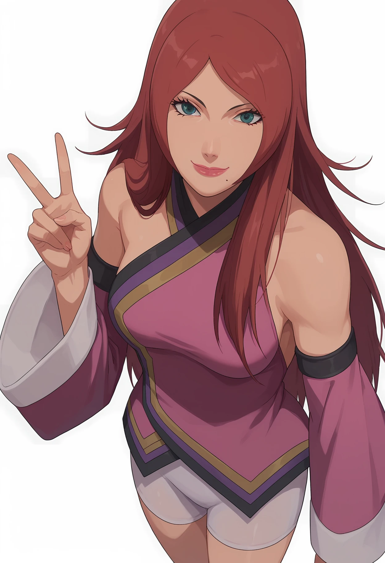 score_9, score_8_up, score_7_up, 
fuka, 1girl, solo, looking at viewer, detached sleeves, bare shoulders, pink japanese clothes, breasts, bike shorts, lipstick, breasts,mole under mouth,
from above, v sign, 
smile, closed mouth,
simple background, white background,
 <lora:Naruto_Fuka_v2_PXL-000017:1>