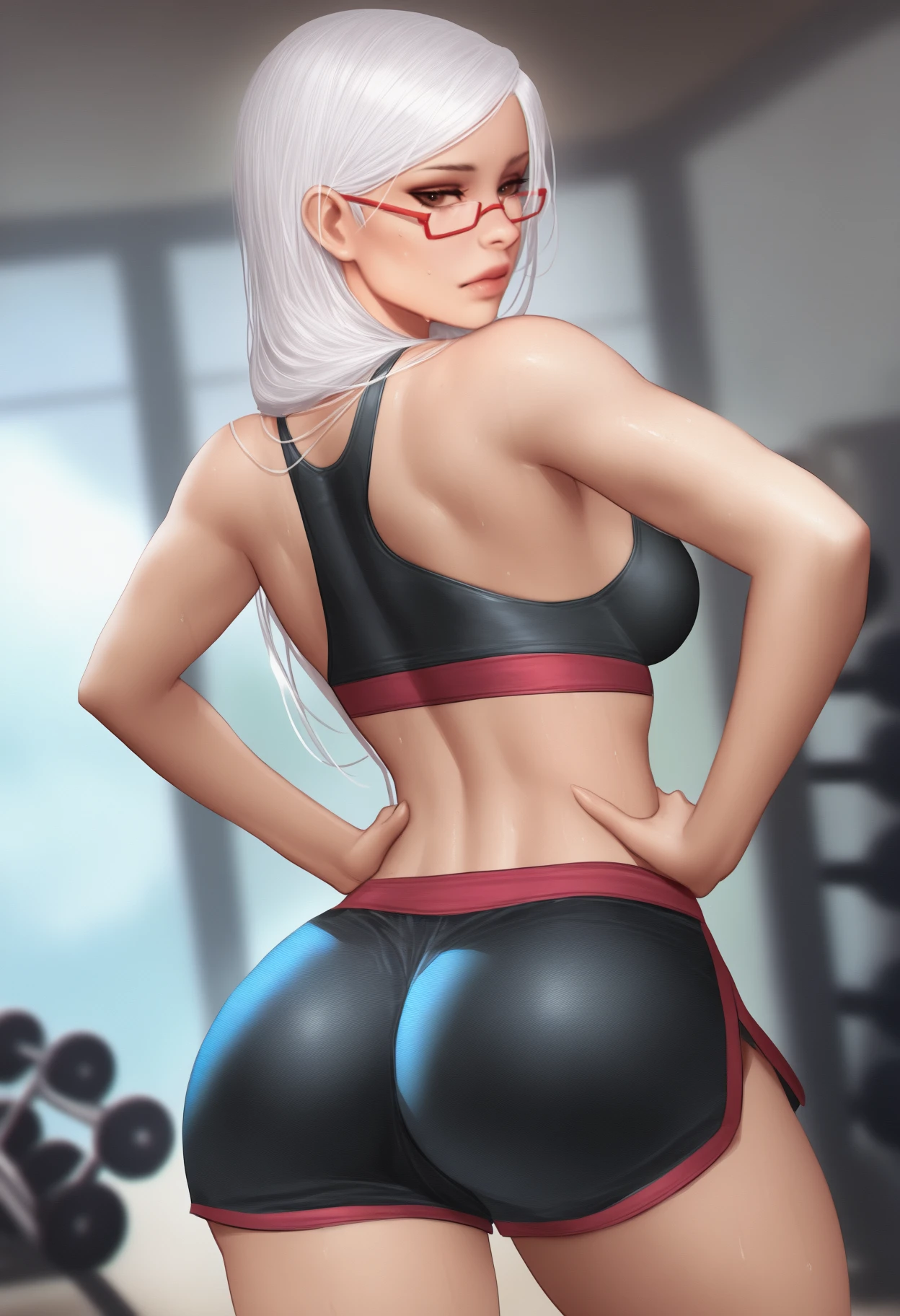 (neoartcore:0.7), masterpiece, best quality, realistic, <break> from behind, solo, 1girl, se1ko, mature female, sweat, expressionless, looking back, hands on own hips, long hair, white hair, hair down, brown eyes, glasses, red-framed eyewear, black sports bra, black shorts, dolphin shorts, micro shorts, ass, indoors, gym, weights, blurry background
<segment:yolo-Anzhc Face seg 640 v2 y8n.pt,0.4,0.5//cid=1>