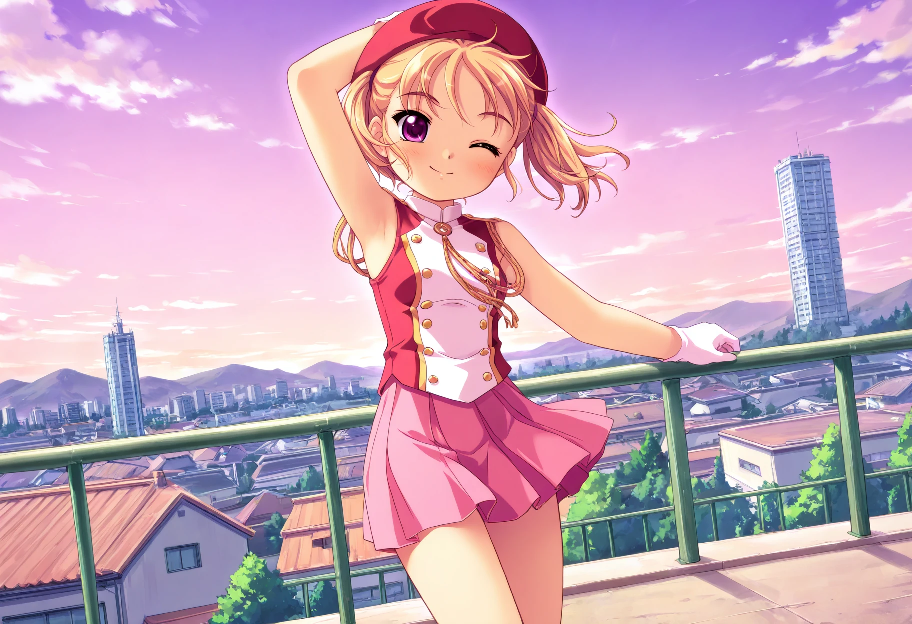 masterpiece, best quality, very aesthetic, absurdres,
1girl, solo,
anzuhatsushima, blond hair, short twintails,
smile, one eye closed, looking at viewer, 
band uniform, sleeveless, hat, beret, aiguillette, gloves, skirt, pink skirt, boots,
arm up, armpit, standing, 
outdoors, rooftop, railing, water tank, sky, cloud, mountainous horizon, 
<lora:Hatsukoi_Anzu_sdxl-illust-v1:1>