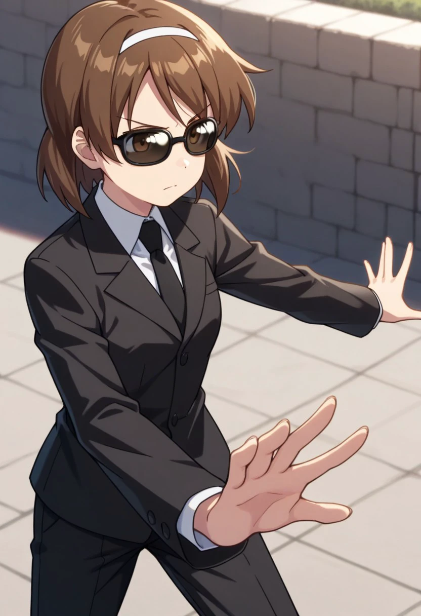 masterpiece, best quality, 
sanae, 1girl, solo, brown eyes, brown hair, hairband, short hair, sunglasses, formal, suit, shirt, white shirt, collared shirt, necktie, black necktie, jacket, black jacket, long sleeves, pants, black pants, serious, stretched arm, open hand, 
outdoor,