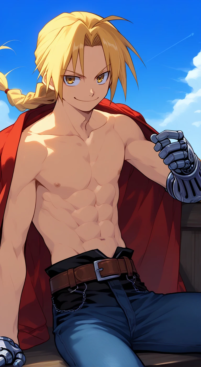 1boy,solo,male focus,lighter,edward elric,blonde hair,yellow eyes,long hair,ahoge,braided ponytail,single mechanical arm,topless male,belt,jeans,smile,sky blue,smile,toned male,collarbone,naughty face,akimix15,red coat