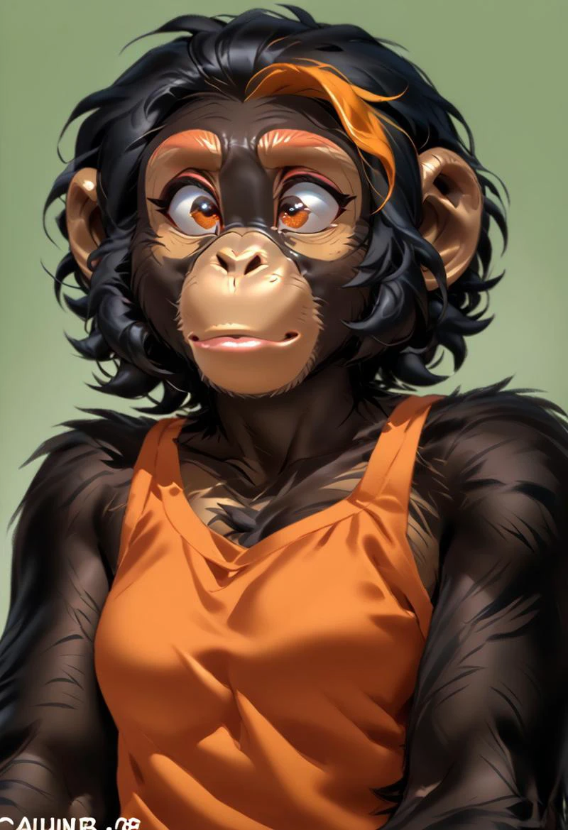 score_9, score_8_up, score_7_up, (by kittydee:1.5), (by jailbird:1.5), (by zummeng:1.5), masterpiece, best quality, solo,
(Furry Art: Anthro: chimpanzee:1.5), 1girl, expressive eyes, feminine eyes, perfect face, feminine face, primate, black fur, big ears, (black hair with pastel orange highlights:1.5), curly hair, bob cut hair, medium breasts, punk clothing, orange nails,