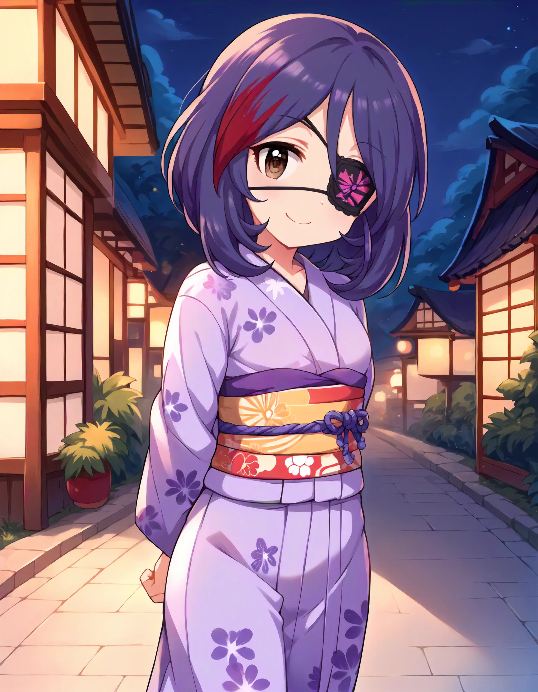 score_9,score_8_up,score_7_up,1girl,solo,standing,smile,looking at viewer,arms behind back,night,outdoors,
<lora:hayasakamirei_ponyXLV6:0.8>,cghmr,
purple hair,red hair,streaked hair,hair between eyes,short hair,brown eyes,
eyepatch,purple yukata,long sleeves,obi