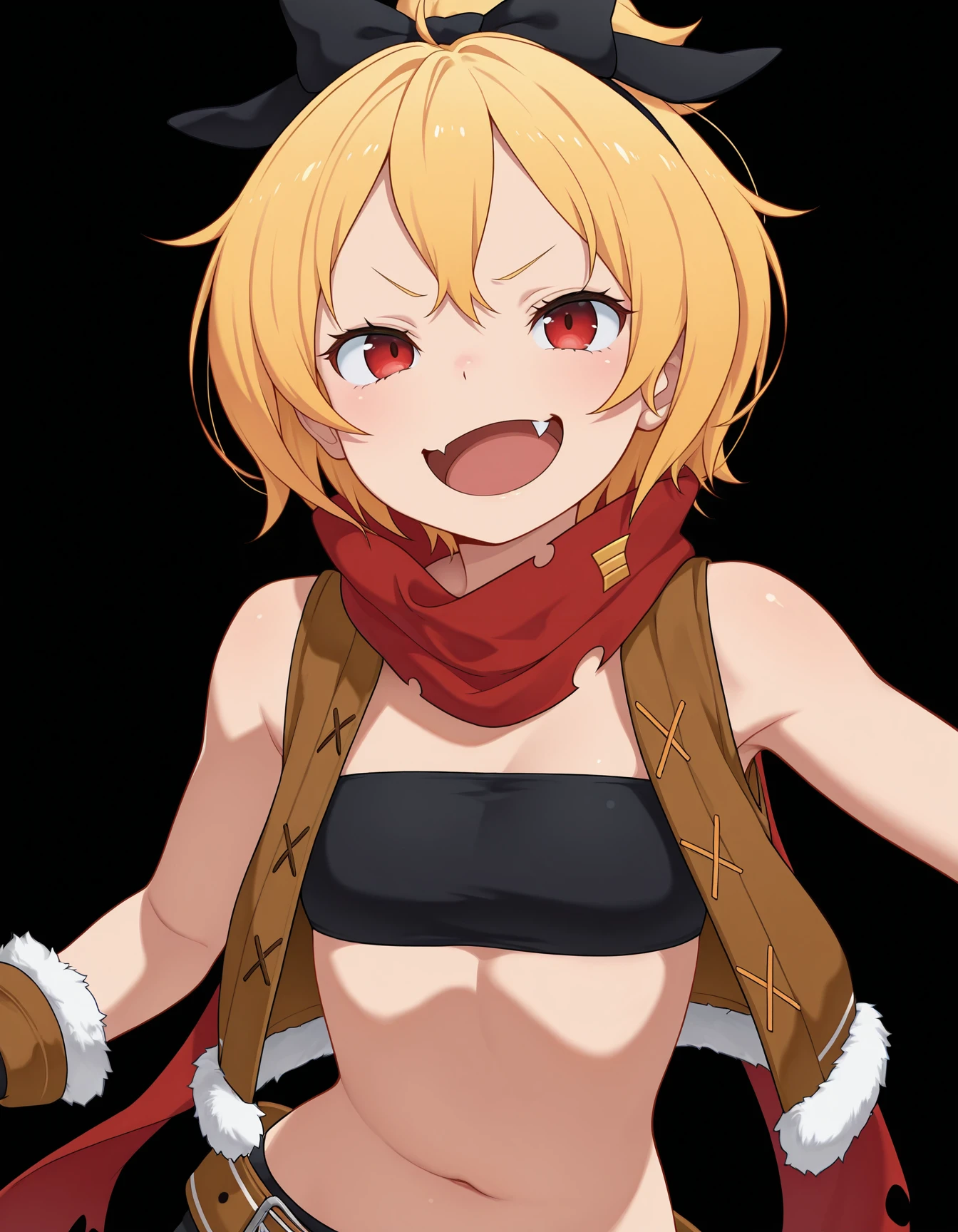 <lora:Felt:1>1girl, solo, 
f3lt, blonde hair, black hair bow, short hair, red eyes,
open vest, brown vest, midriff, torn scarf, single pantsleg, fur-trimmed gloves, red scarf, belt, bandeau,
portrait, smirk, fang, open mouth, 
simple black background,, masterpiece, best quality, amazing quality