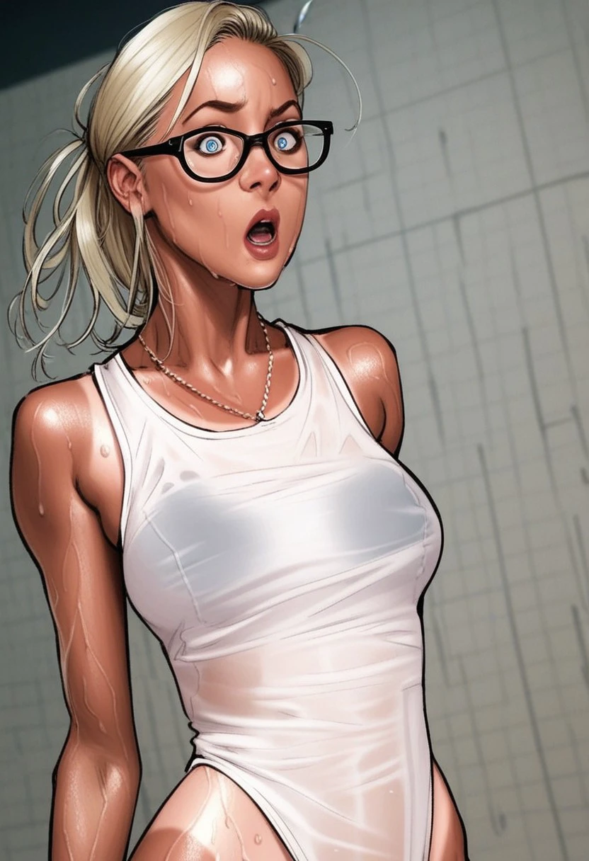 score_9,score_8_up,score_7_up,score_6_up,score_5_up, source_cartoon, aoj_sr, raw, realistic, 1girl, m3g4n_k405, tan lines, midriff, blonde hair, blue eyes, glasses, singlet swimsuit, sweaty, wet clothing, soggy hair, shocked expression,