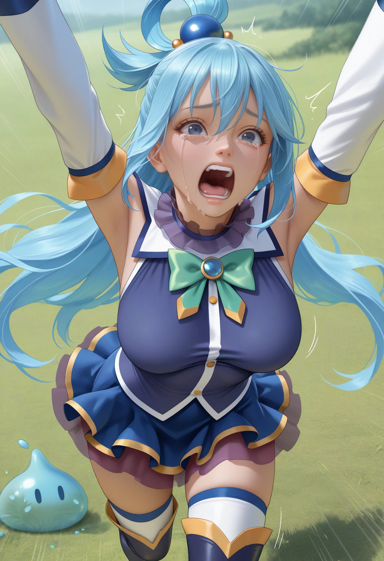 masterpiece, best quality, realistic, <break> solo focus, 1girl, aqua \(konosuba\), screaming, running, arms up, crying with eyes open, blue hair, hair rings, blue eyes, sleeveless shirt, green bowtie, detached sleeves, miniskirt, thigh boots, outdoors, grass, slime \(creature\), motion lines
<segment:yolo-Anzhc Face seg 640 v2 y8n.pt,0.4,0.5//cid=1>