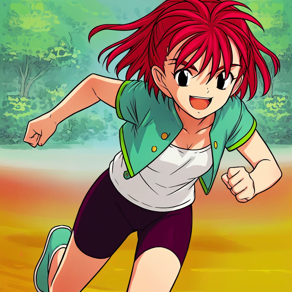 score_9, score_8_up, score_7_up, source_anime, prefect lighting, very aesthetic, intricate details, highly detailed background, high quality, prefect hands, best quality, 1girl, solo,rena, dinozaurs, red hair, black eyes, green-blue jacket, short sleeves, biker shorts, running, outdoors, park, trees, bush, open mouth, smile,