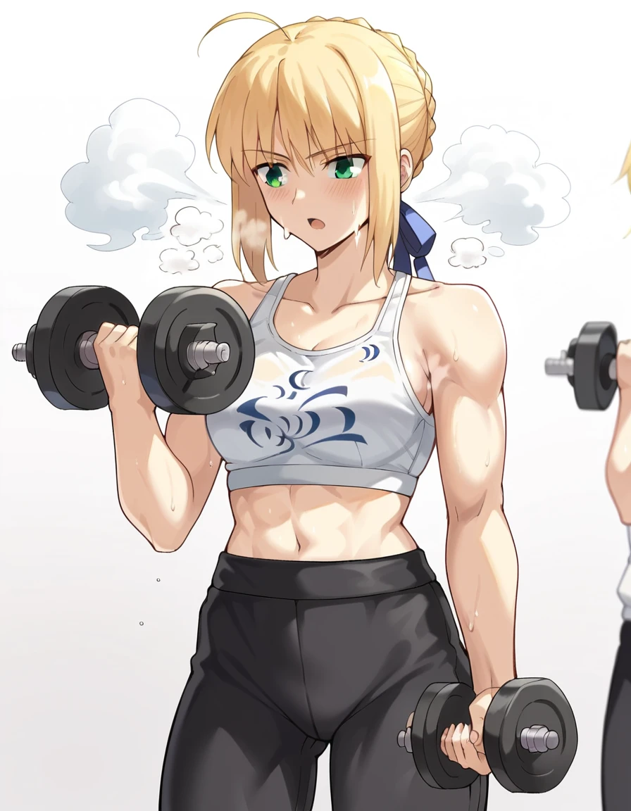 score_9, score_8_up, score_7_up, source_anime, <lora:artoria-pendragon-zero-ponyxl-lora-nochekaiser:1>, artoria pendragon, artoria pendragon (fate), saber, long hair, blonde hair, green eyes, ponytail, ahoge, medium breasts, <lora:bicep-curl-ponyxl-lora-nochekaiser:1>, bicep curl, holding dumbbell, weightlifting, dumbell, exercising, gym,  gym equipment,, yoga pants, sports bra, steam, open mouth, sweat, blush,, cowboy shot,