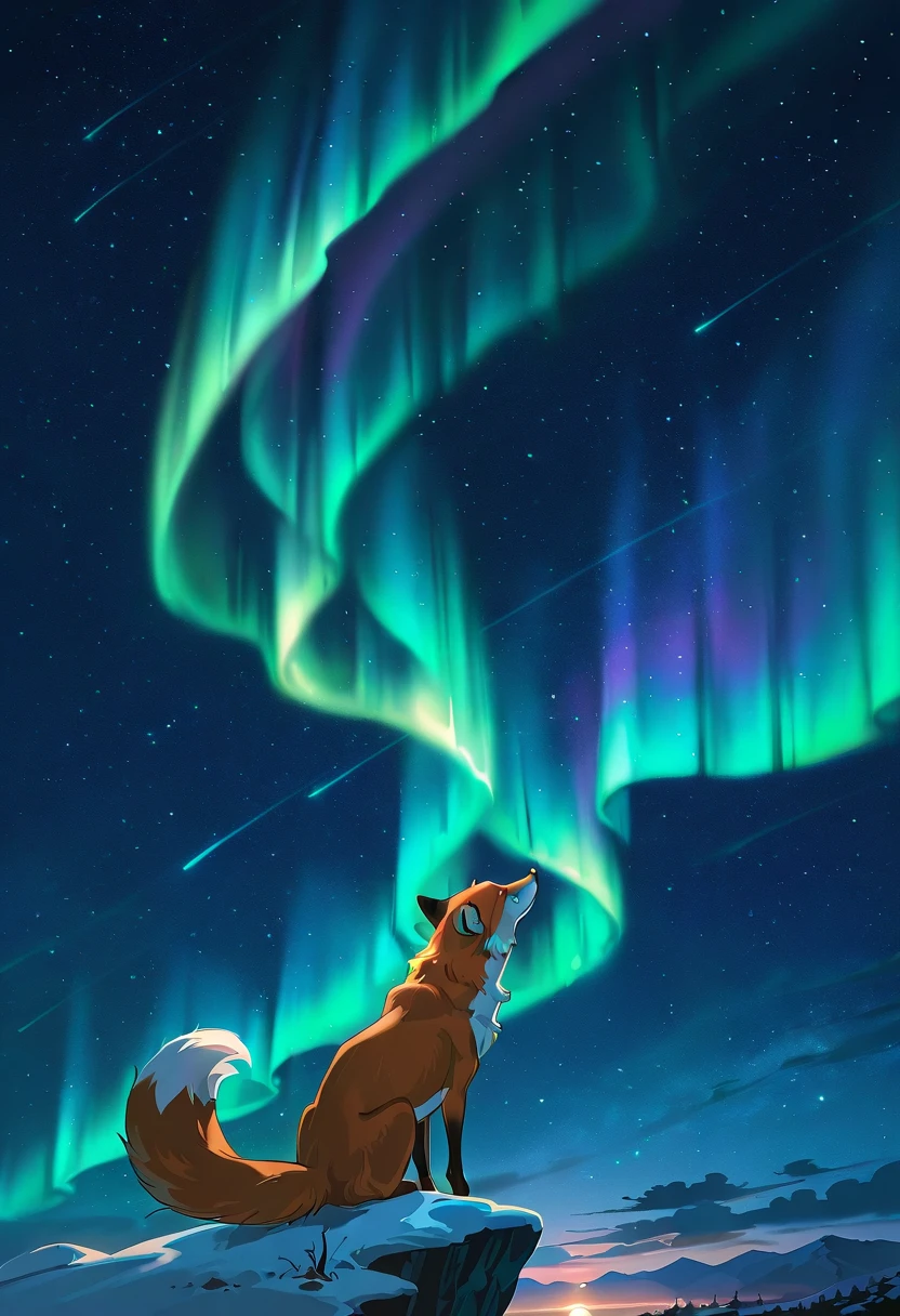 aurora borealis, aurora, starry sky, night,no humans,fox