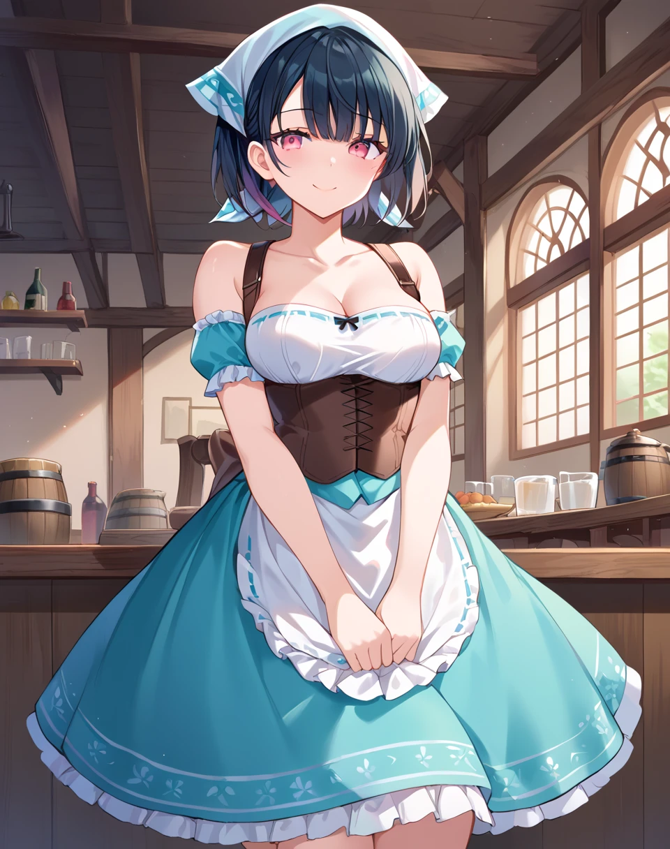 satou_koharu, black hair, short hair, pink eyes, breasts, head scarf, bare shoulders, short sleeves, , dirndl, skirt,  german clothes, corset, aqua skirt. aqua head scarf BREAK indoors, tavern BREAK looking at viewer, sexy face, sexy smile, cowboy shot,  BREAK score_9, score_8_up, score_7_up, source_anime ,zPDXL, perfect hand, <lora:Satou_Koharu:0.8>