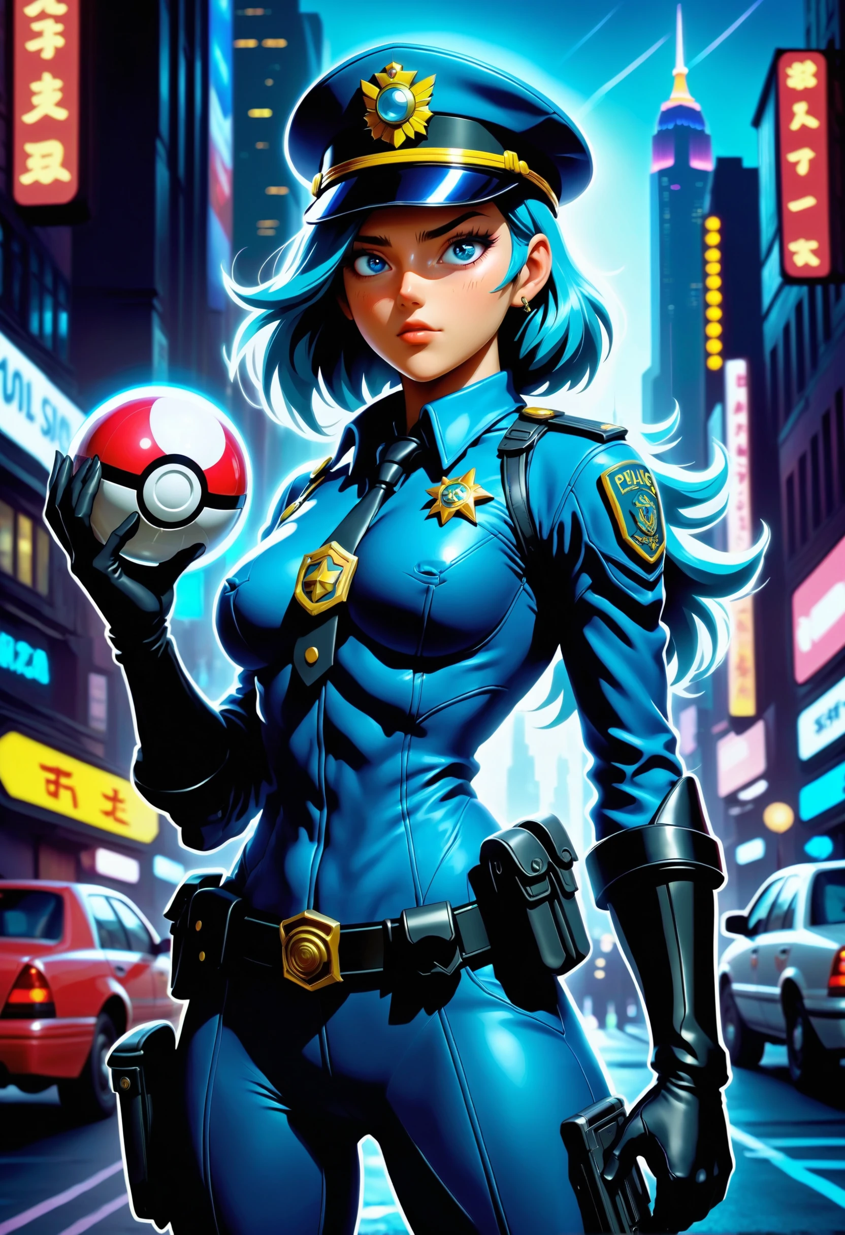 Masterpiece, best quality, newest, absurdres, highres, improved,
jenny_(pokemon), A semirealistic portrayal of Officer Jenny from Pokémon, reimagined with striking detail. Her teal-blue hair, styled into a neat bob, shimmers under city lights, and her expressive, almond-shaped eyes exude both warmth and authority. She wears a tailored blue police uniform with silver accents and a matching peaked cap adorned with the iconic police emblem. Her figure is athletic and poised, suggesting readiness for action, while her gloved hand grips a Poké Ball as if prepared to deploy it in the line of duty. The uniform is enhanced with subtle textures, from the polished metal of her badge to the fine stitching on her gloves and boots. The scene is set against a futuristic, neon-lit cityscape, with Pokémon silhouettes in the background, giving a vibrant yet gritty atmosphere that highlights her dedication and strength.