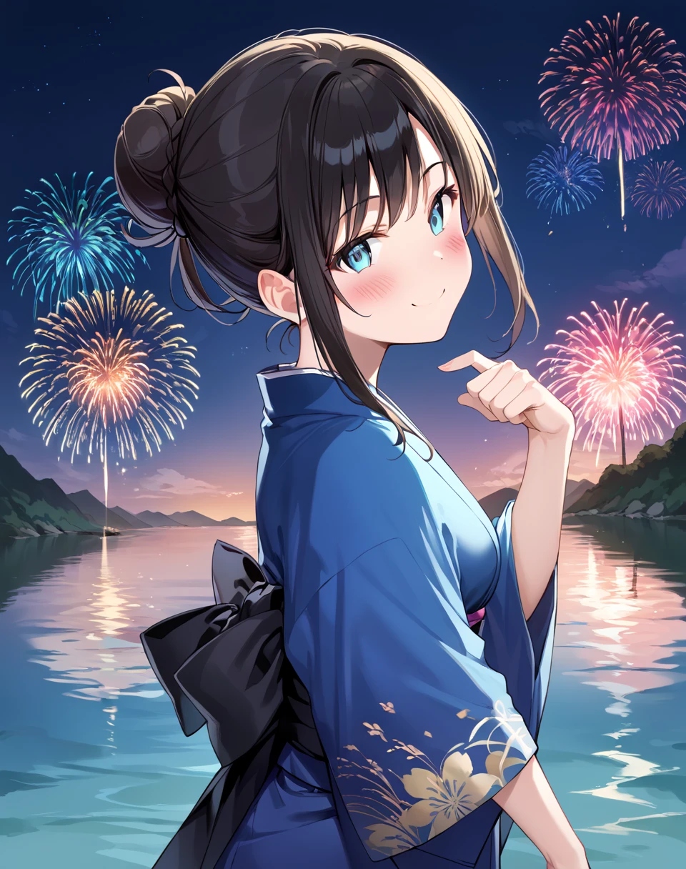 hikari_tachibana, black hair, aqua eyes, small breasts,  tied hair, hair bun, blue kimono  BREAKoutdoors, fireworks, near a lake, night BREAKfrom side, cowboy shot, smile, blush, looking at viewer,cute pose, standing BREAK score_9, score_8_up, score_7_up, source_anime ,zPDXL, <lora:Hikari_Tachibana:0.8>