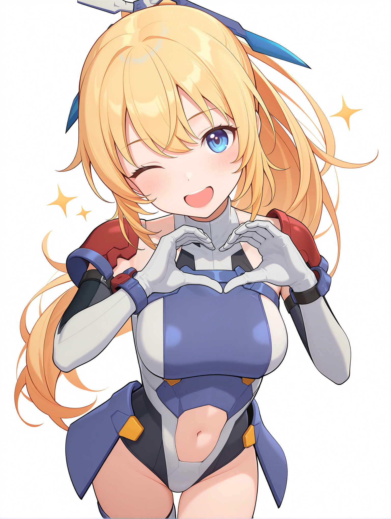 masterpiece,best quality,amazing quality,
solo,1girl,
<lora:saeki_ritsuka_ilxl_v1:1>,s_ritsuka,blonde hair,ponytail,blue eyes,smile,open mouth,PN-RI,gloves,stomach cutout,clothing cutout,leotard,elbow gloves,navel,thighhighs,
<lora:Fixhands_anime_bdsqlsz_V1:1>,cinematic_angle,dynamic_angle,white_background,simple_background,face_focus,looking_at_viewer,light_blush,sparkle,portrait,one eye closed,heart hands,cowboy_shot,, masterpiece,best quality, very aesthetic, absurdres, ultra detailed, high resolution, 4k, extremely detailed CG,